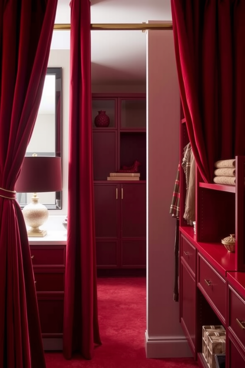 Sophisticated red curtains for privacy. The curtains are made of luxurious velvet fabric, elegantly draping from a polished gold rod, creating an inviting and intimate atmosphere. Red walk-in-closet design ideas. The closet features custom shelving and hanging spaces, accented with soft lighting to highlight the rich red tones of the cabinetry and accessories.