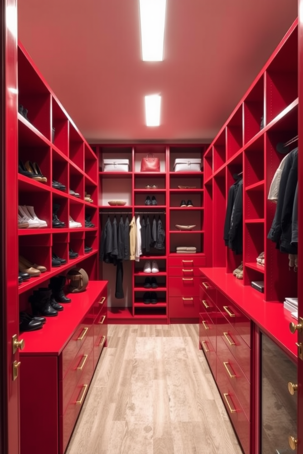 Open red shelving for easy access. The shelves are arranged in a modern style, providing ample space for shoes and accessories while adding a vibrant pop of color to the room. Red walk-in-closet design ideas feature a spacious layout with luxurious lighting. The design incorporates elegant hanging rods and drawers, creating a stylish and functional storage solution.