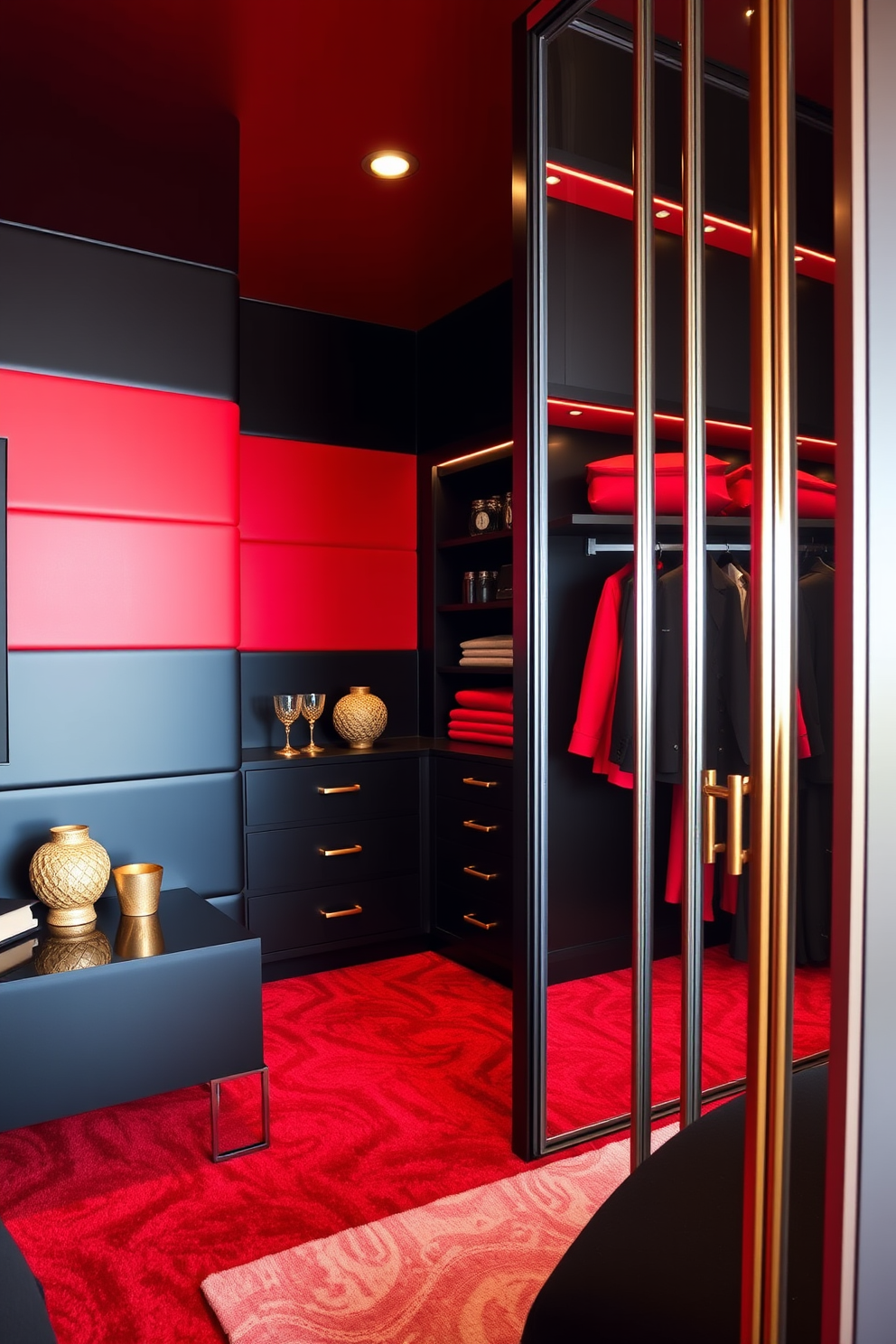 A striking red and black color block design envelops the space, creating a bold visual impact. The walls feature alternating panels of deep red and sleek black, complementing modern furnishings. The walk-in closet showcases a luxurious red and black theme with custom shelving and hanging space. Elegant accessories in gold accents enhance the overall sophistication, while plush carpeting invites comfort underfoot.