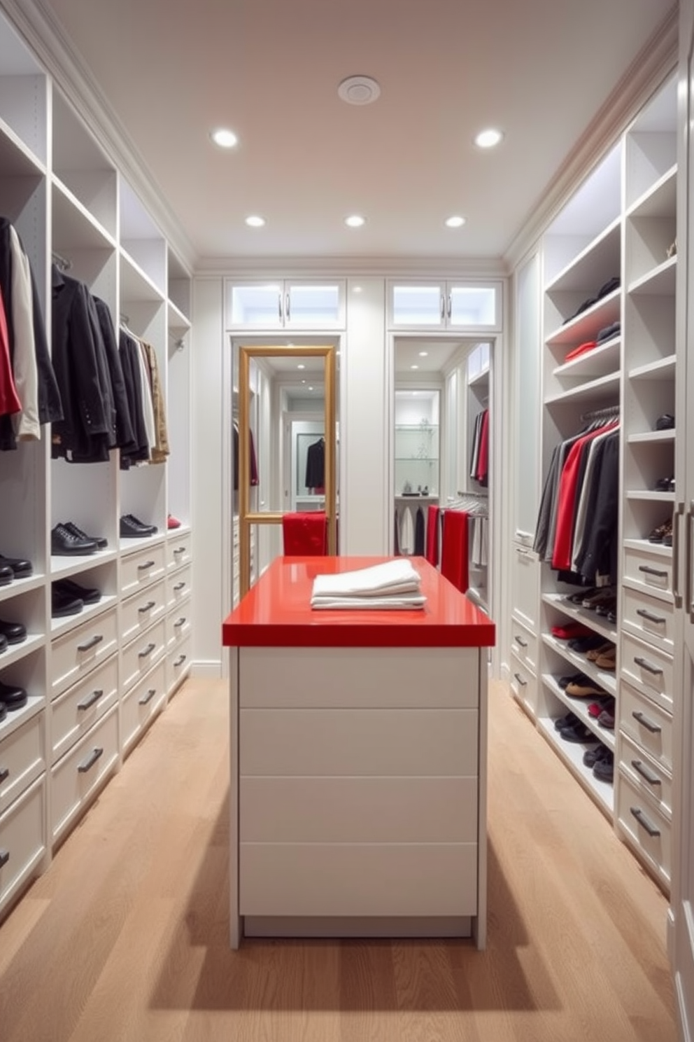 A modern red island for folding clothes is centrally located in a spacious walk-in closet. Surrounding the island are custom-built shelves and drawers in a sleek white finish, providing ample storage for shoes and accessories. The walk-in closet features soft ambient lighting that highlights the vibrant red of the island. Elegant mirrors are strategically placed to enhance the sense of space and reflect the stylish decor.