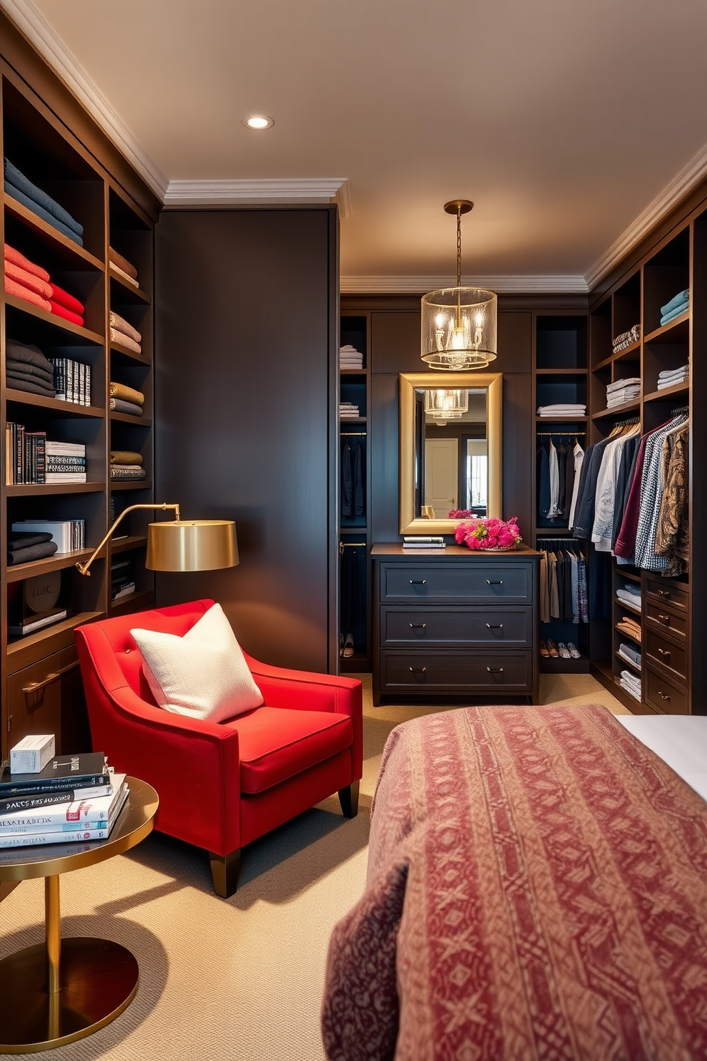 A cozy corner featuring a vibrant red accent chair with plush cushions. The chair is positioned next to a small round side table adorned with a stylish lamp and a stack of design books. A luxurious walk-in closet designed with ample shelving and hanging space. The closet features a central island with drawers, illuminated by elegant pendant lighting and accented with a full-length mirror.