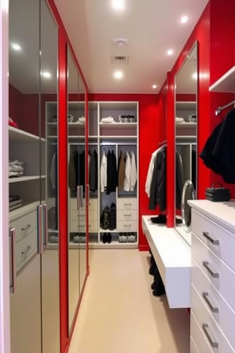 A luxurious walk-in closet featuring bold red accent walls that create a striking backdrop. The space is adorned with full-length mirrors strategically placed to enhance the sense of depth and style. Custom shelving units and hanging rods are designed for optimal organization and display of clothing and accessories. Soft lighting fixtures are installed to highlight the vibrant color scheme and create an inviting atmosphere.