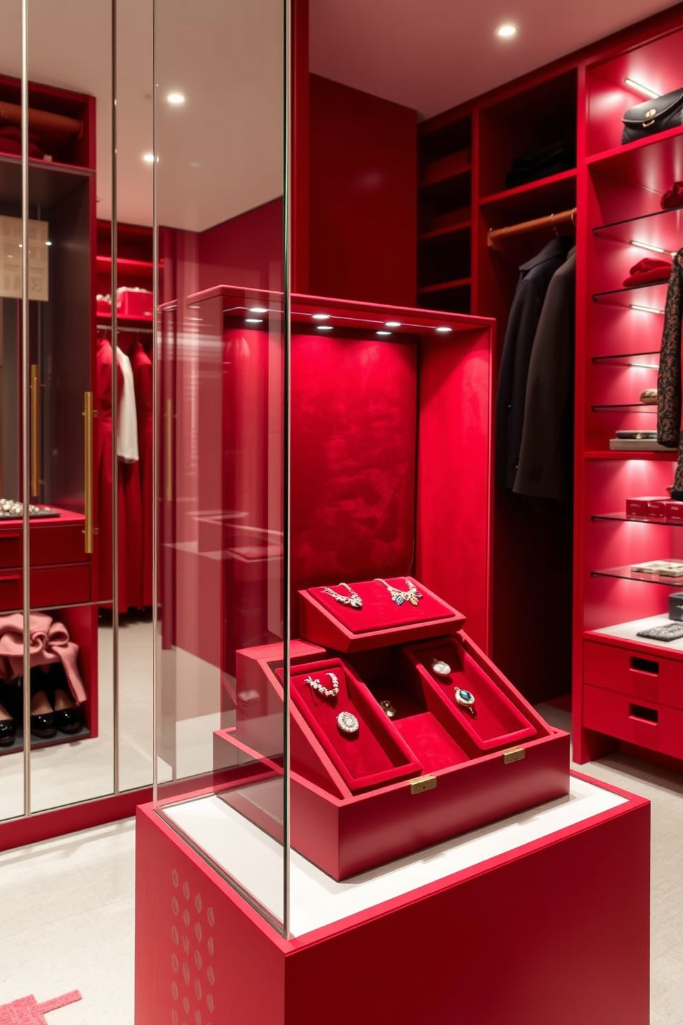 A stunning walk-in closet featuring red floral wallpaper that brings a fresh and vibrant touch to the space. The closet is designed with elegant wooden shelving and hanging rods, providing ample storage for clothing and accessories.