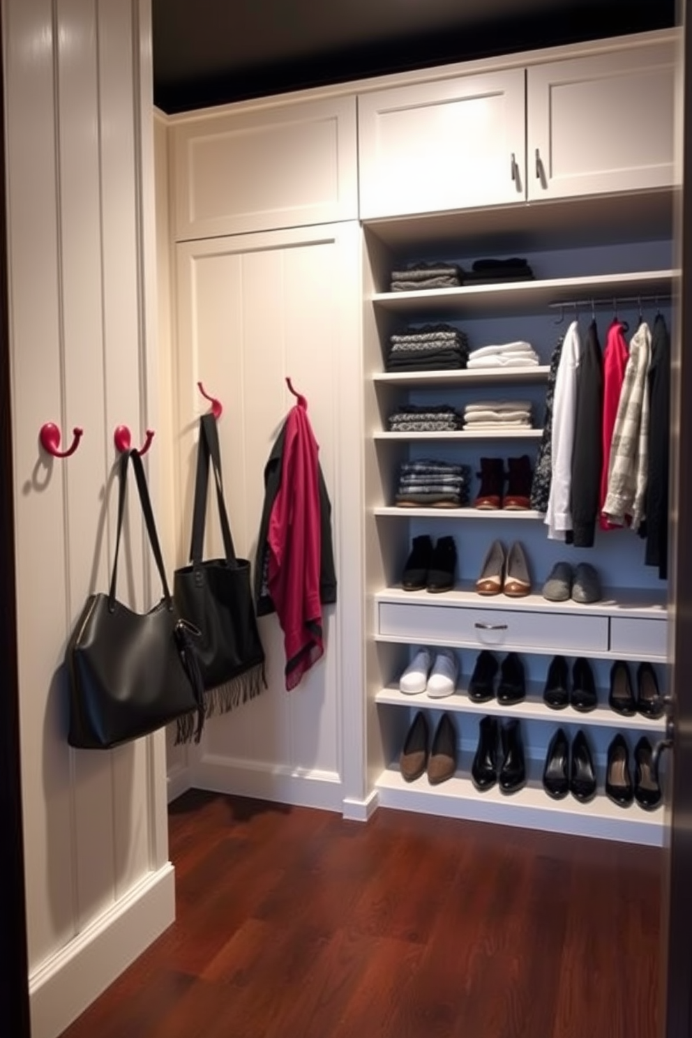 A chic walk-in closet featuring stylish red hooks for accessories. The walls are adorned with soft white panels, and the floor is finished with dark hardwood for a modern contrast. The red hooks are strategically placed for easy access to bags and scarves. Soft lighting highlights the organized shelves filled with shoes and folded clothes, creating an inviting atmosphere.