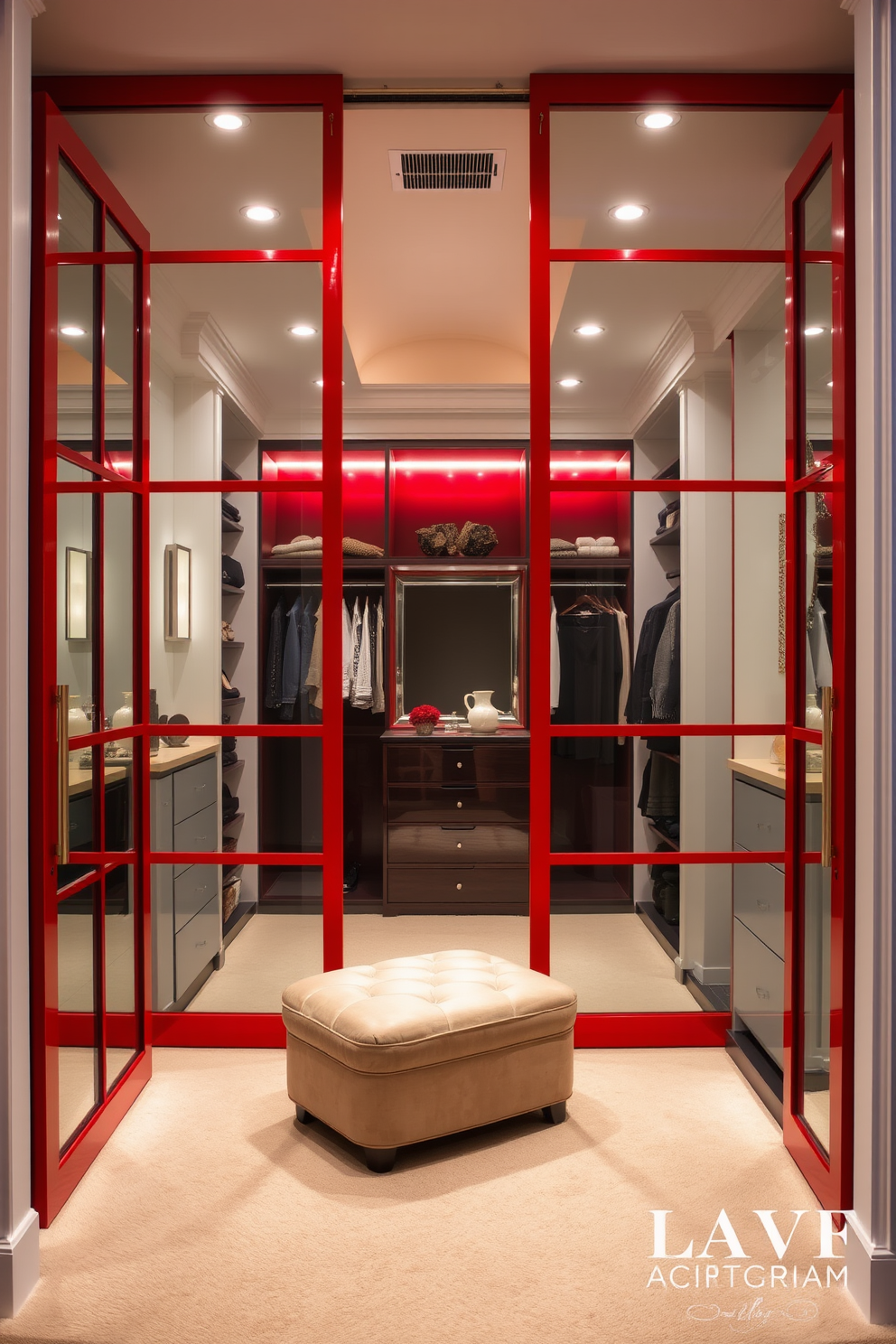 A luxurious walk-in closet featuring red glass sliding doors that create a striking focal point. The interior is elegantly designed with custom shelving, ample hanging space, and stylish lighting that enhances the vibrant red hue. The flooring is a soft cream carpet that complements the bold doors, creating a warm and inviting atmosphere. Accessories such as a plush ottoman and decorative mirrors add sophistication to the overall design.