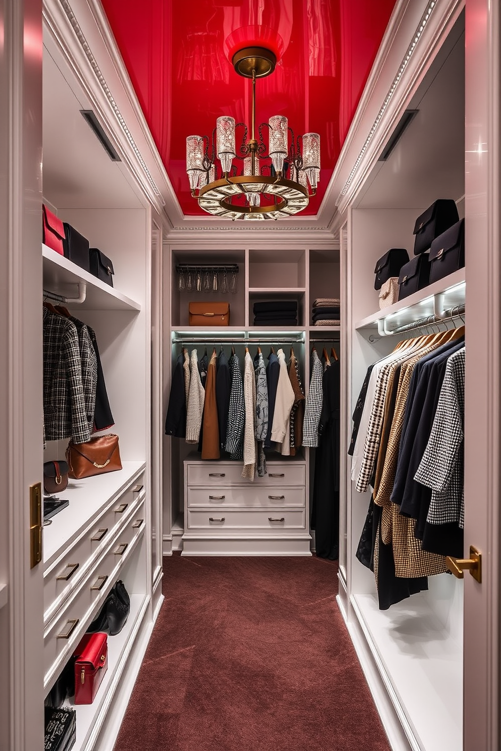 A spacious walk-in closet featuring elegant red baskets for easy organization. The walls are lined with custom shelving, and the floor is adorned with a plush area rug in a neutral tone. The red baskets are neatly arranged on the shelves, providing a pop of color while maintaining functionality. Soft lighting illuminates the space, creating a warm and inviting atmosphere.