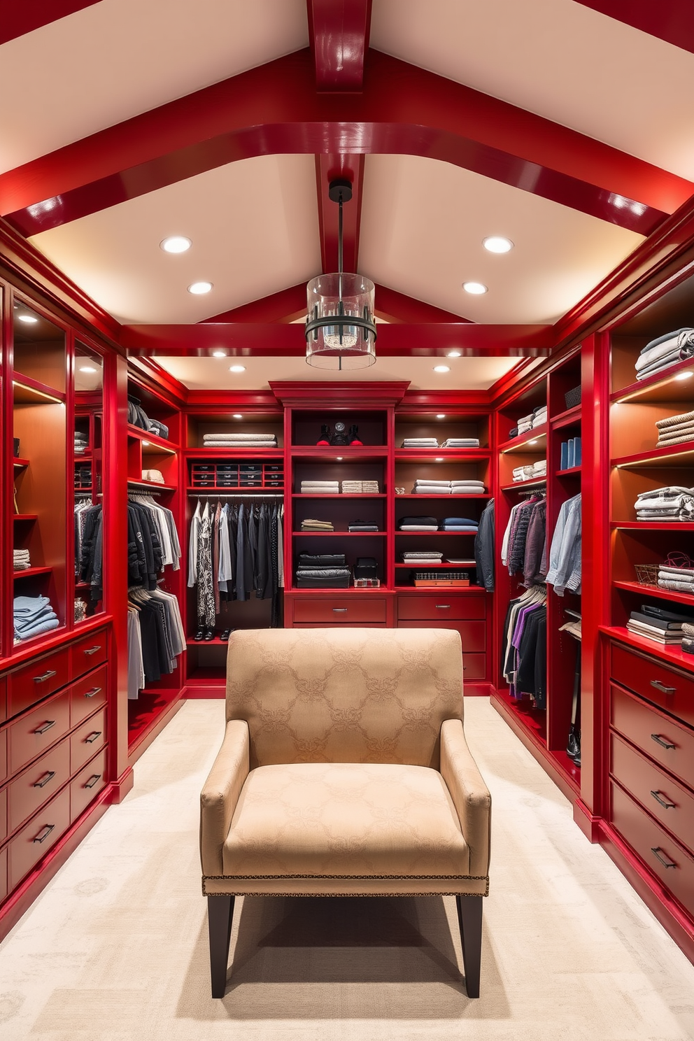 A luxurious walk-in closet featuring red painted beams that add architectural interest to the space. The closet is designed with custom shelving, elegant lighting, and a plush seating area to enhance functionality and style.