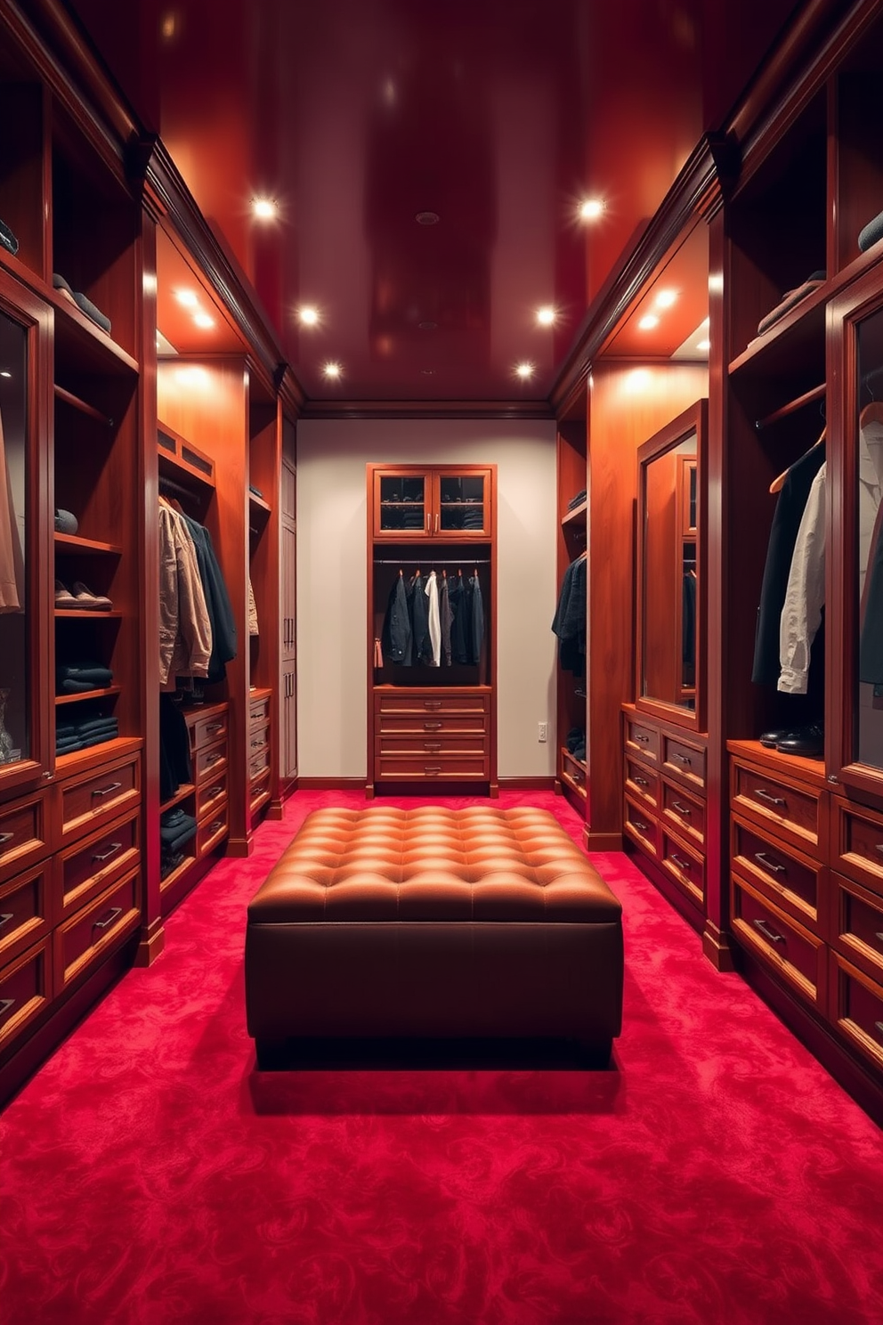 A luxurious walk-in closet featuring warm red tones complemented by rich wooden accents. The space includes custom shelving and hanging areas, illuminated by soft lighting that enhances the inviting atmosphere. Plush carpeting in a deep red hue covers the floor, while a stylish ottoman in the center provides a comfortable seating area. Elegant mirrors with wooden frames adorn the walls, reflecting the beauty of the carefully curated wardrobe.