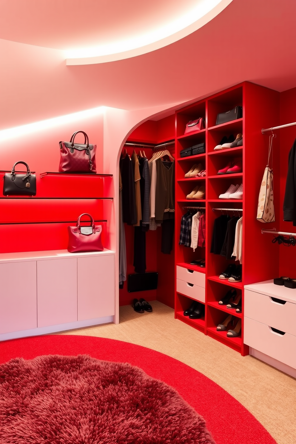 A creative red display for handbags features a sleek, modern shelving unit with bright red accents. The bags are arranged artistically on the shelves, complemented by soft lighting that highlights their textures and colors. The red walk-in closet design includes spacious hanging areas and custom shelving for shoes and accessories. Rich red walls create a bold backdrop, while a plush area rug adds warmth and comfort to the space.