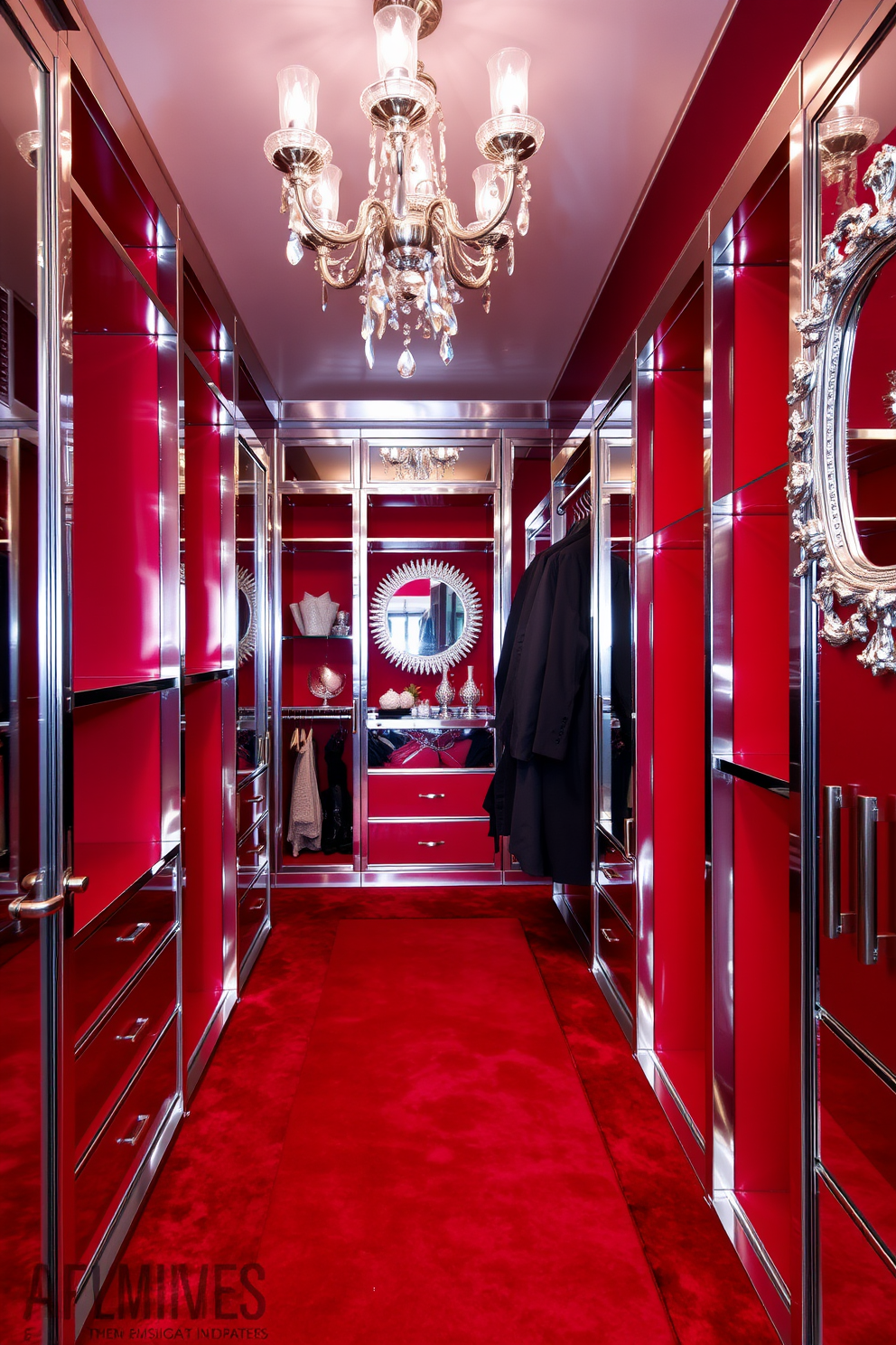 A luxurious walk-in closet featuring a striking red and silver color combination. The walls are adorned with rich red paint, while sleek silver shelving units and hanging rods provide ample storage space. A plush red carpet runs along the floor, adding warmth and comfort to the space. Elegant silver accents, such as a chandelier and decorative mirrors, enhance the sophisticated atmosphere of the closet.