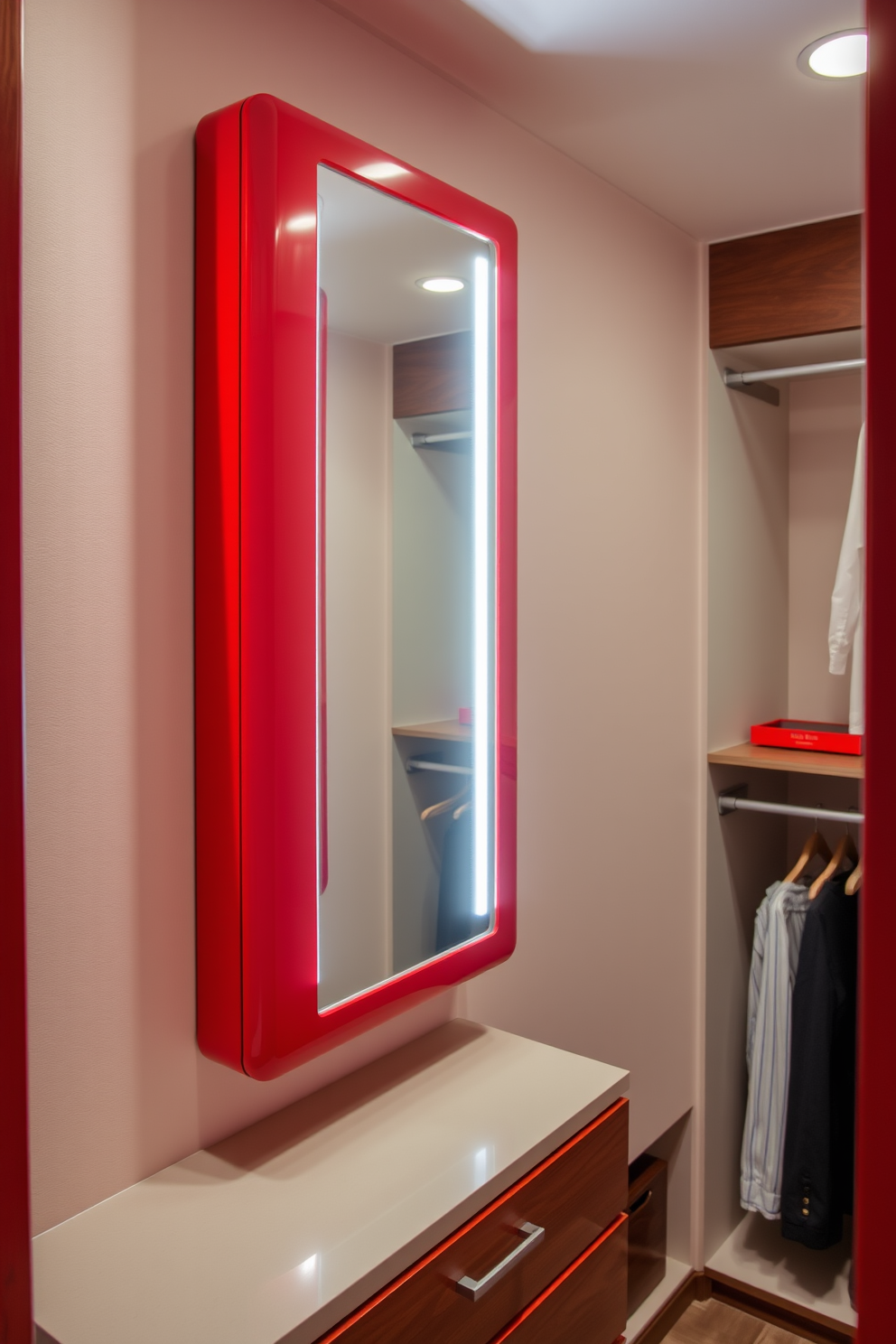 A striking walk-in closet featuring bold red cabinets that provide ample storage space. The contrasting white trim enhances the vibrant color, creating a chic and modern aesthetic. The layout includes a central island with additional drawers for accessories. Soft lighting illuminates the space, highlighting the luxurious finishes and inviting atmosphere.