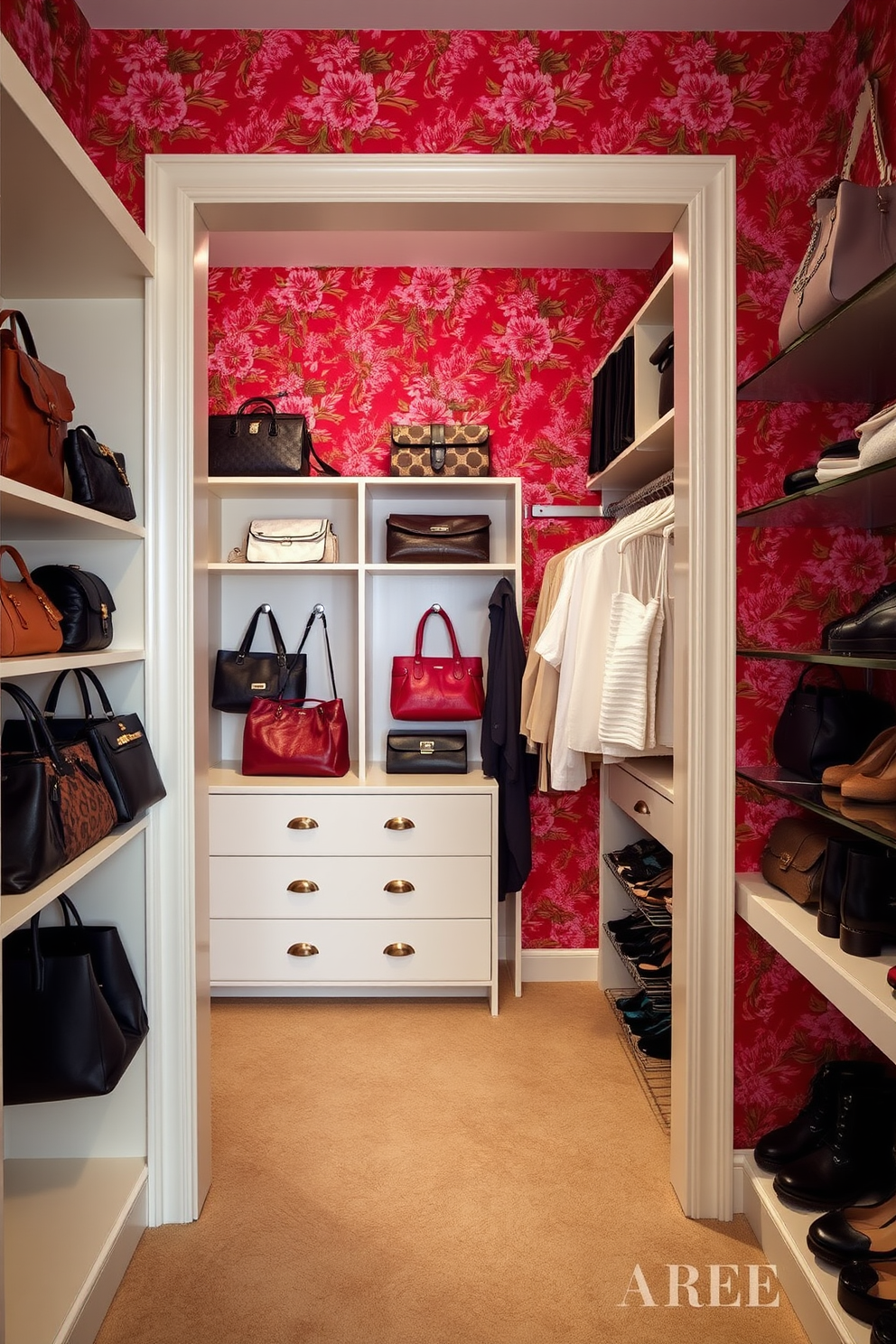 A charming red floral wallpaper adorns the walls of a spacious walk-in closet creating a vibrant and inviting atmosphere. The closet features custom shelving and hanging space, elegantly organized to showcase a collection of designer handbags and shoes.