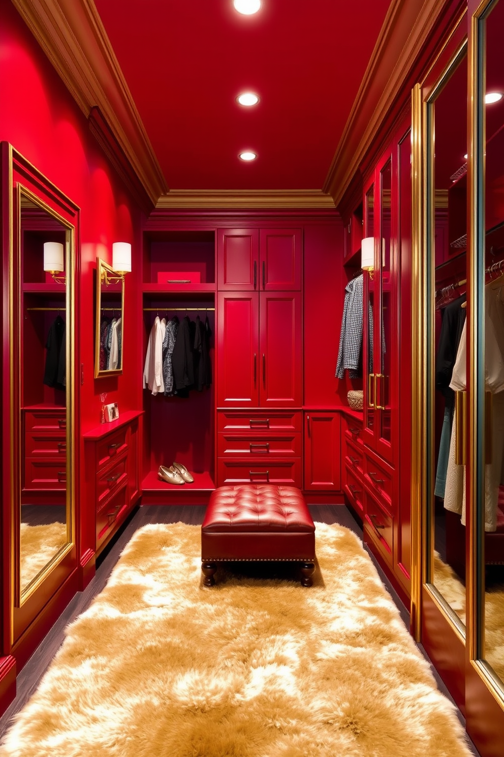 Chic red and gold color scheme. The walls are painted in a deep red hue, creating a warm and inviting atmosphere. Gold accents are incorporated through fixtures, decorative elements, and trim, adding a touch of luxury. A plush gold rug lies on the floor, complementing the overall color palette. Red Walk-In-Closet Design Ideas. The closet features custom shelving and hanging space, designed with rich red cabinetry. Elegant gold hardware and lighting fixtures enhance the sophisticated look, while a stylish ottoman in the center offers a comfortable seating area.