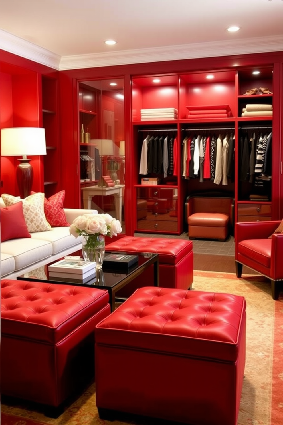 A cozy living room featuring red storage ottomans that provide extra seating options. The ottomans are placed around a stylish coffee table, enhancing the room's vibrant color palette and inviting atmosphere. An elegant walk-in closet designed with a bold red theme. The space includes custom shelving and hanging areas, creating a luxurious and organized environment for clothing and accessories.