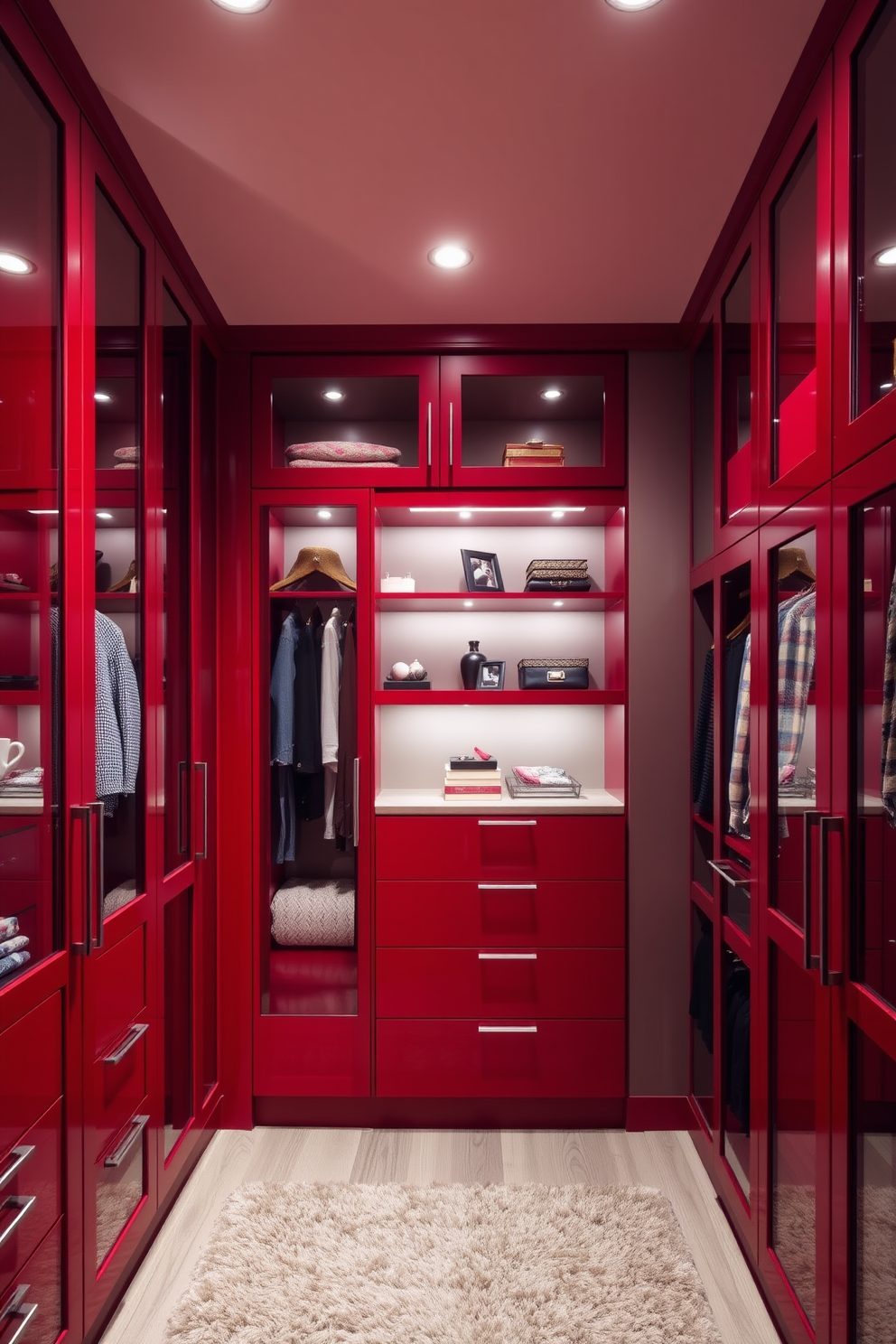 Sleek red cabinetry with glass doors creates a bold statement in the walk-in closet. The interior features elegant lighting that highlights the rich color and showcases the organized space. The design includes ample shelving and hanging space, providing functionality and style. A plush area rug adds warmth, while decorative accents enhance the overall aesthetic.