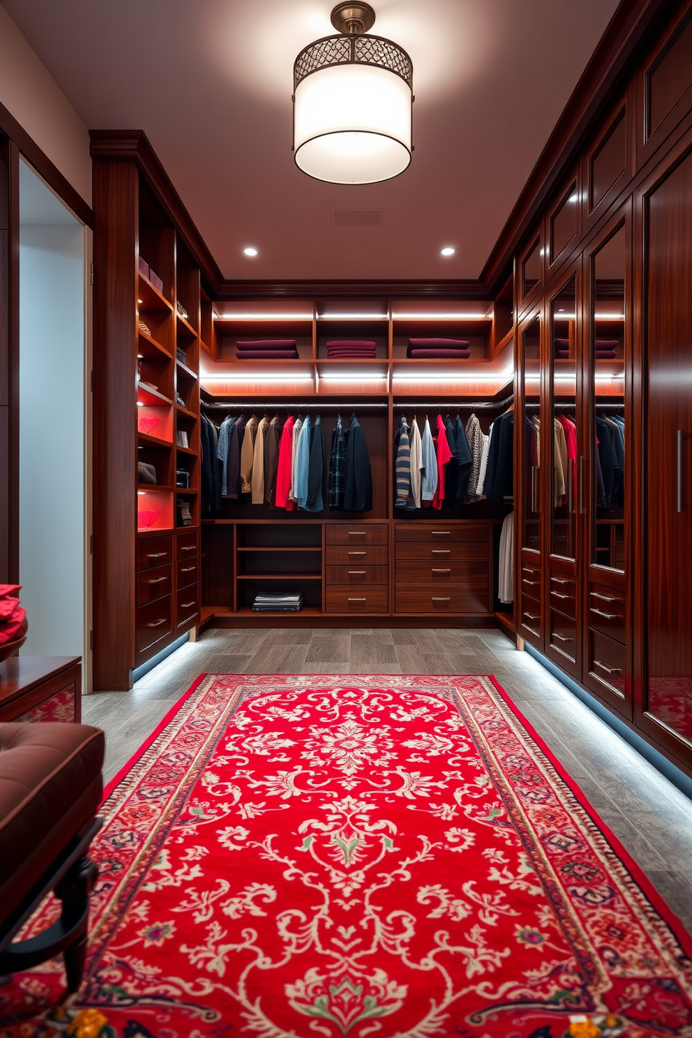 A luxurious walk-in closet with red lighting fixtures creating a dramatic ambiance. The space features custom shelving and hanging areas, complemented by a plush seating area in the center. The walls are adorned with rich fabrics, enhancing the opulent feel. A large mirror reflects the stunning design, while stylish accessories are displayed on elegant stands.