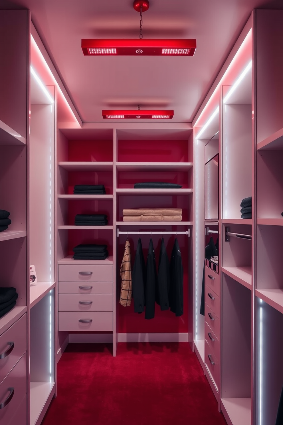 A stylish red walk-in closet features sleek shelving and hanging space designed for optimal organization. The overhead red lighting fixtures create a warm and inviting atmosphere, enhancing the luxurious feel of the space.