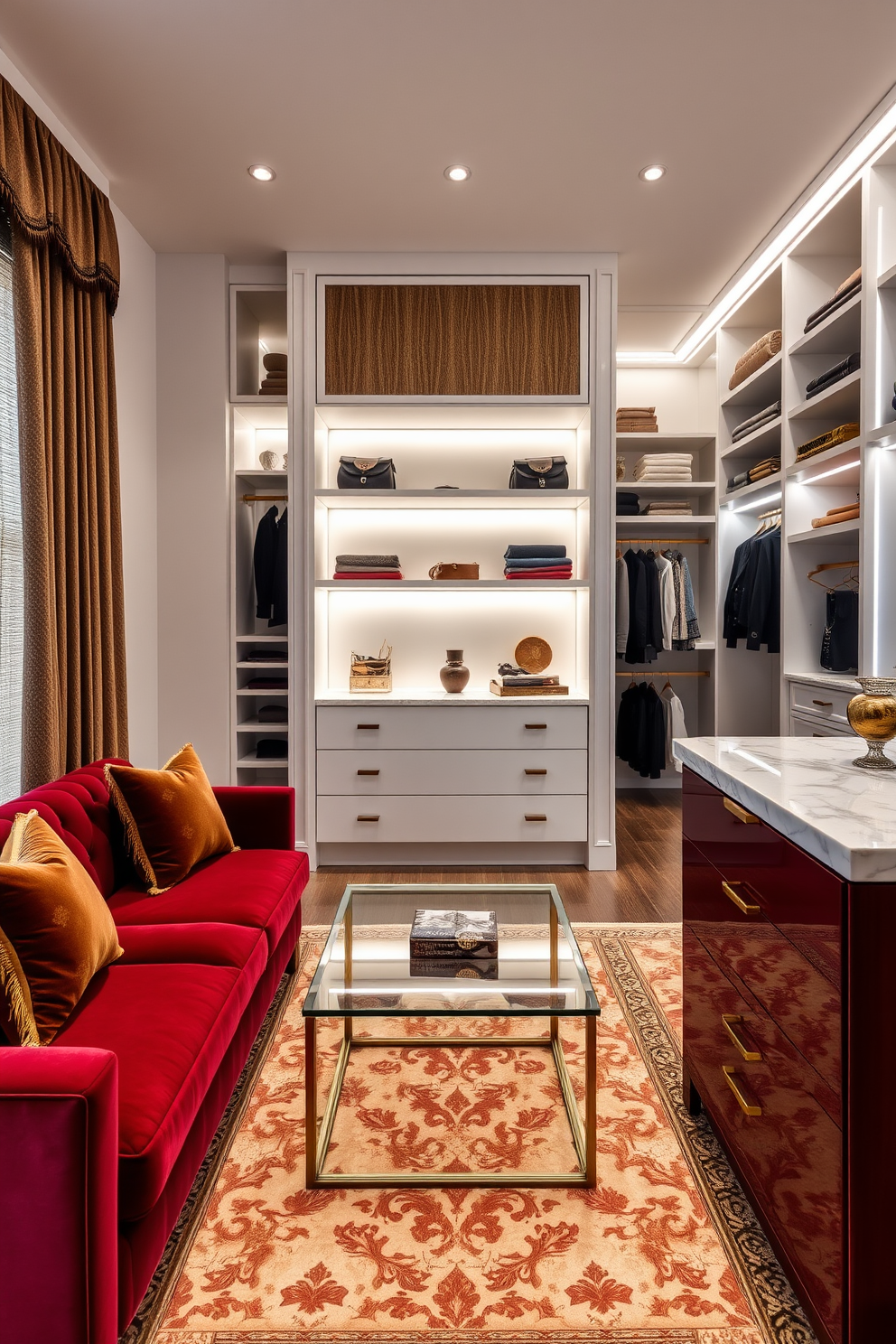 A luxurious walk-in closet featuring rich red leather accents throughout the space. The walls are adorned with soft gray fabric, and the flooring is a polished hardwood that complements the vibrant red. Spacious shelving units are lined with designer shoes and handbags, while a plush velvet ottoman in the center invites relaxation. Elegant lighting fixtures hang from the ceiling, casting a warm glow over the carefully curated accessories.