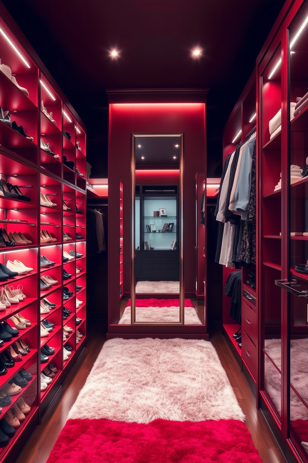 A stylish walk-in closet featuring red shoe racks that showcase an organized display of footwear. The racks are complemented by elegant lighting and a plush area rug, creating a warm and inviting atmosphere. The closet design incorporates ample hanging space and shelving for clothing and accessories, all accented with rich wooden finishes. A full-length mirror reflects the vibrant red hues, enhancing the overall sophistication of the space.