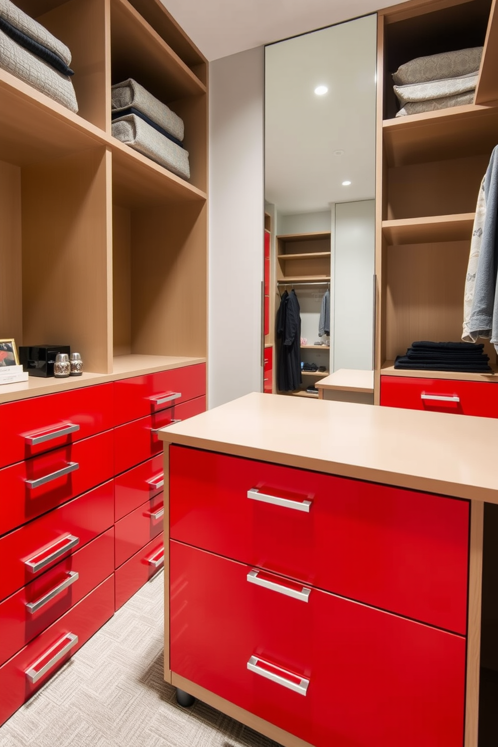 A contemporary walk-in closet featuring striking red drawers with sleek metallic handles. The space is organized with ample shelving and a full-length mirror, creating a stylish and functional environment.