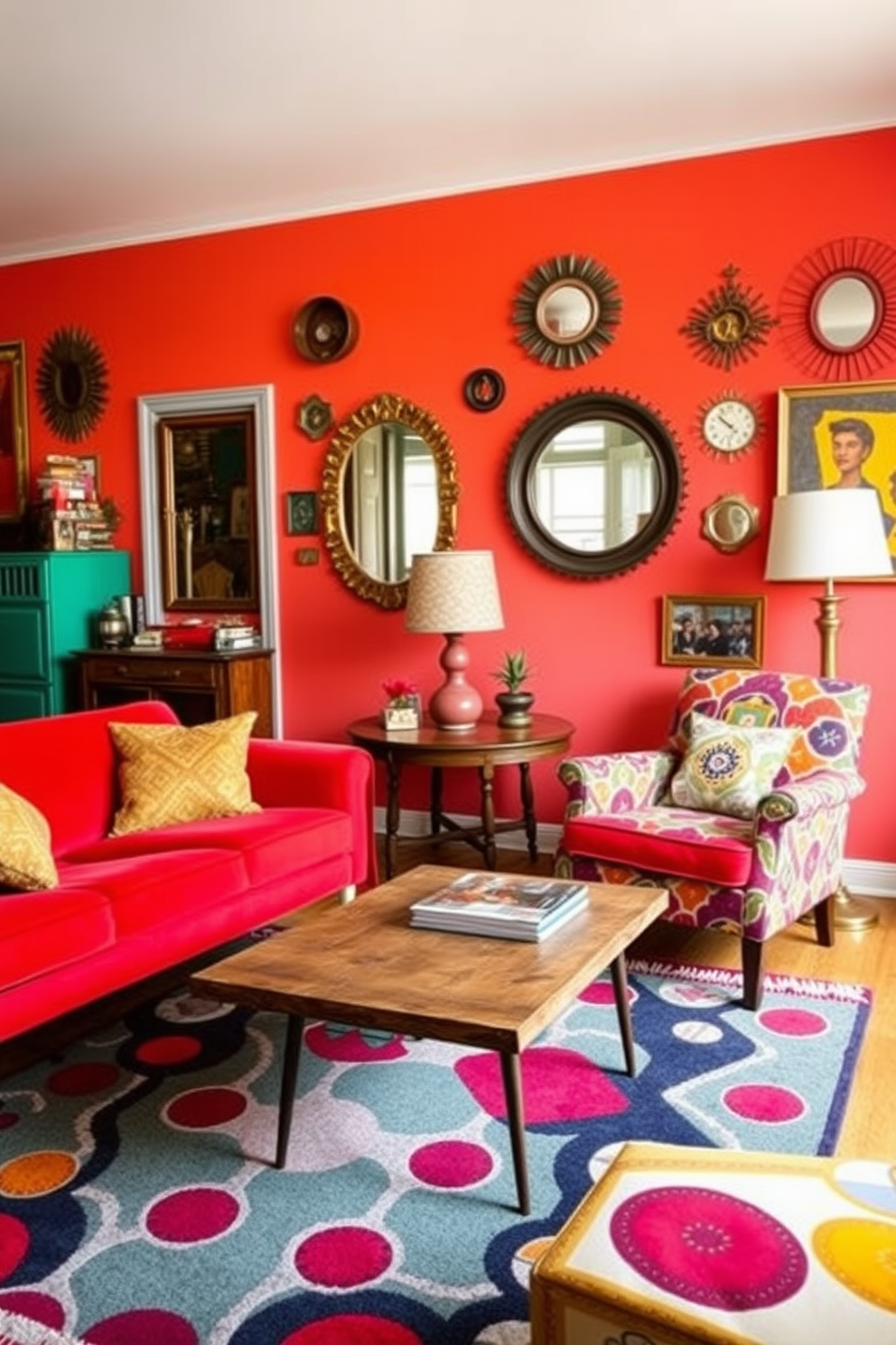 Colorful vintage furniture fills the retro apartment, featuring a mix of bold patterns and textures that create a lively atmosphere. A bright red velvet sofa sits opposite a geometric patterned armchair, while a reclaimed wood coffee table anchors the space. The walls are adorned with eclectic artwork and vintage mirrors that reflect the vibrant colors of the furnishings. A playful area rug ties the room together, adding warmth and character to the retro design.