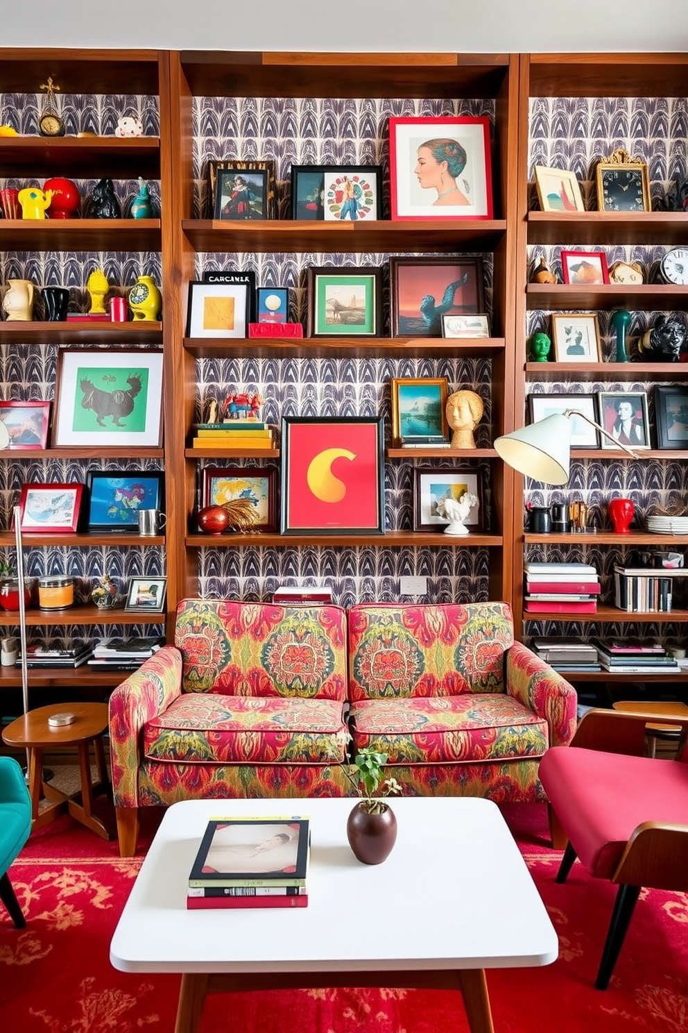 Open shelving is installed along the walls of the living room, displaying an array of colorful collectibles and unique art pieces. The shelves are made of reclaimed wood, adding warmth to the space, while the backdrop features a bold geometric wallpaper that enhances the retro vibe. The furniture includes a vintage sofa upholstered in a vibrant fabric, paired with a mid-century modern coffee table. A retro floor lamp with a curved design stands beside the sofa, casting a soft glow over the cozy seating area.