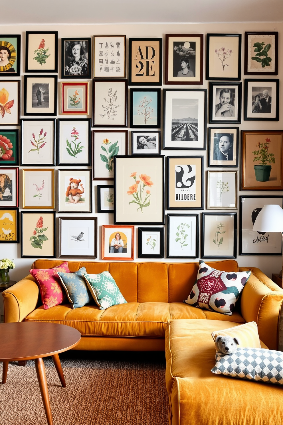 A curated gallery wall features an eclectic mix of vintage prints in various frames, creating a visually striking focal point. The prints include botanical illustrations, abstract art, and nostalgic photographs, all arranged in a harmonious layout against a soft pastel background. The retro apartment design showcases bold colors and geometric patterns, with a cozy living area filled with mid-century modern furniture. A plush velvet sofa in a rich mustard hue complements a vintage coffee table, while playful accent pillows add a pop of personality.