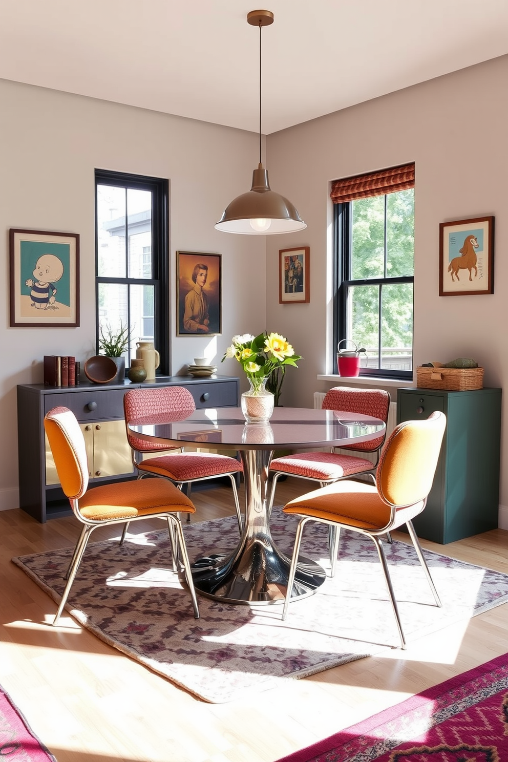 A sleek retro dining set is positioned in a cozy dining area, featuring a round table with a glossy finish surrounded by colorful upholstered chairs. The walls are adorned with vintage art pieces, and a stylish pendant light hangs above the table, casting a warm glow over the space. Incorporating retro apartment design ideas, the room showcases a mix of bold patterns and textures, with a patterned rug underfoot that complements the dining set. Large windows allow natural light to flood the area, enhancing the vibrant atmosphere and inviting gatherings with friends and family.