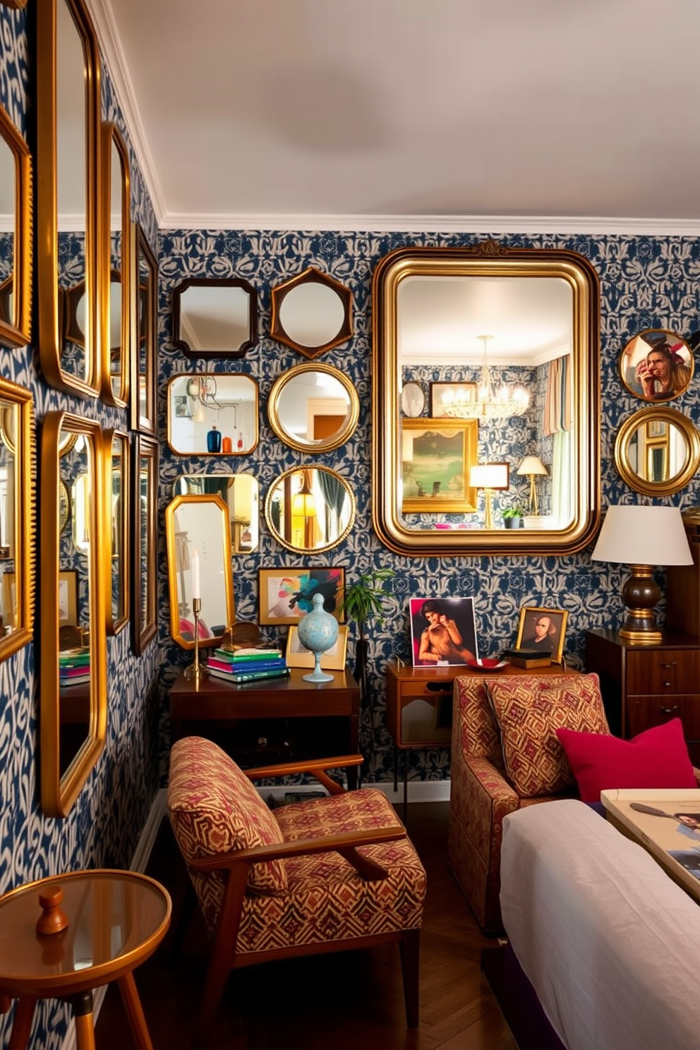 A retro apartment filled with vintage mirrors that enhance light reflection. The walls are adorned with bold wallpaper featuring geometric patterns, and the furniture is a mix of mid-century modern and eclectic pieces.