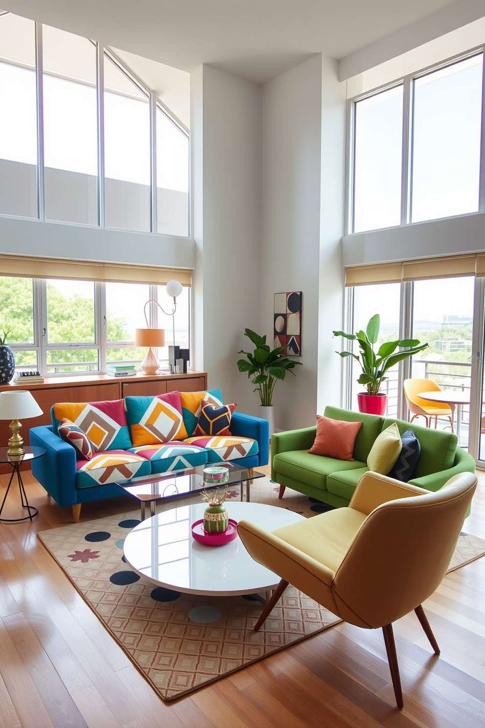 A retro apartment with bold geometric patterns on the upholstery creates a vibrant and dynamic atmosphere. The furniture features a mix of bright colors and angular shapes, emphasizing the playful nature of the design. The living area includes a statement sofa adorned with oversized geometric prints, paired with a sleek coffee table. Large windows allow natural light to flood the space, highlighting the unique decor elements throughout the apartment.