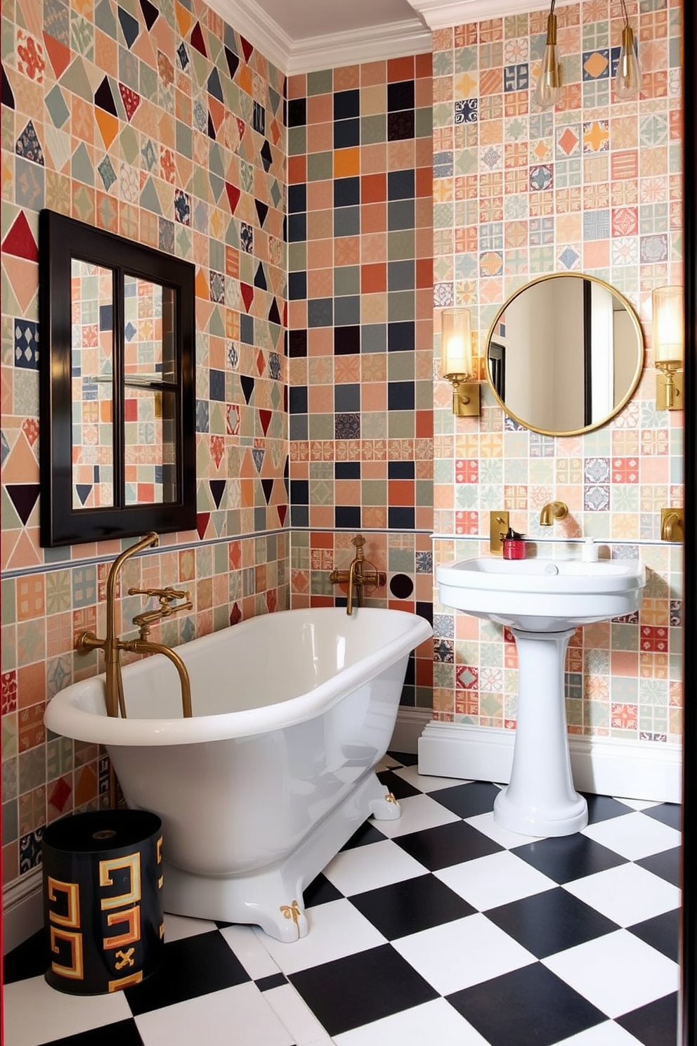 Retro-inspired bathroom tiles add a vibrant character to the space. The walls are adorned with colorful geometric tiles, while the floor features classic black and white checkered tiles. Incorporate vintage fixtures such as a freestanding tub and a pedestal sink. Accents of brass and retro lighting complete the nostalgic atmosphere.