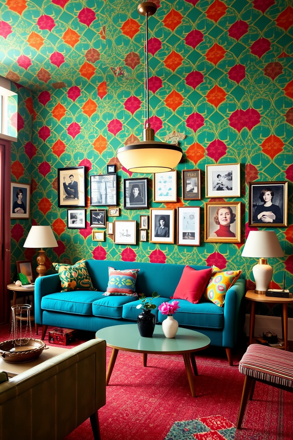 A retro apartment filled with vintage furniture showcasing bold patterns. The living room features a bright yellow sofa adorned with geometric print cushions, complemented by a round coffee table with a colorful mosaic top. On the opposite wall, a gallery of framed vintage posters adds character, while a shaggy area rug grounds the space with warmth. The dining area includes a retro dining table surrounded by mismatched chairs, each upholstered in vibrant fabrics that enhance the eclectic atmosphere.