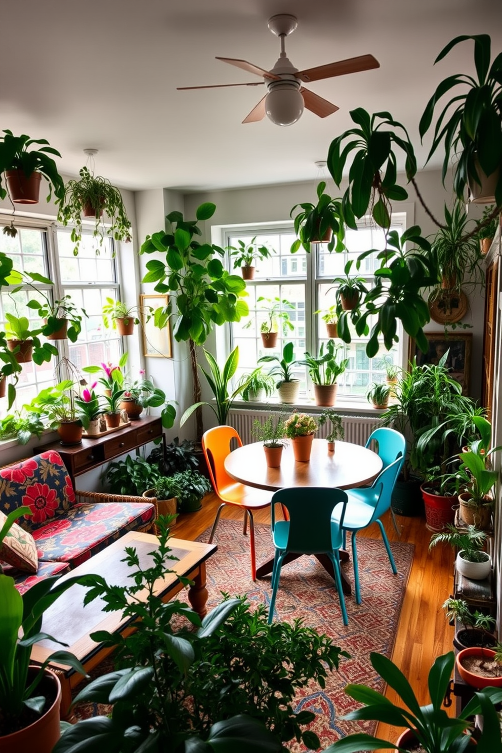 A cozy retro apartment filled with vibrant plants in every corner. The living room features a vintage couch with bold patterns and a coffee table made of reclaimed wood. In the dining area, a round table is surrounded by mismatched chairs, each with its own unique color and style. Large windows let in ample natural light, highlighting the greenery and creating a lively atmosphere.