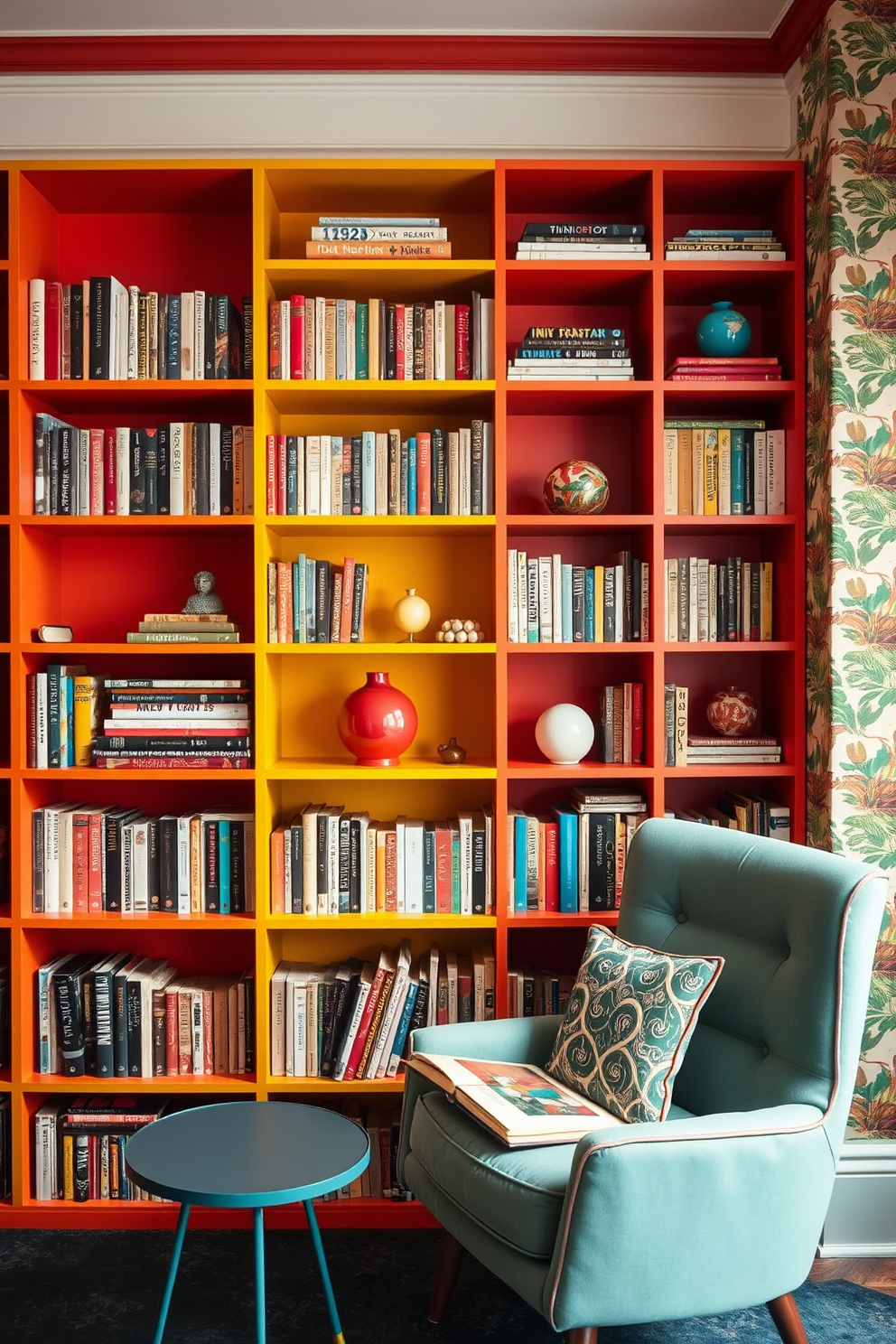 Color coordinated bookshelves create a striking visual interest in a retro apartment setting. Each shelf is filled with books arranged by color, complemented by curated decorative objects that enhance the nostalgic vibe. The walls are adorned with vintage wallpaper featuring bold patterns that evoke a sense of history. A cozy reading nook with a retro armchair and a small side table invites relaxation amidst the vibrant decor.