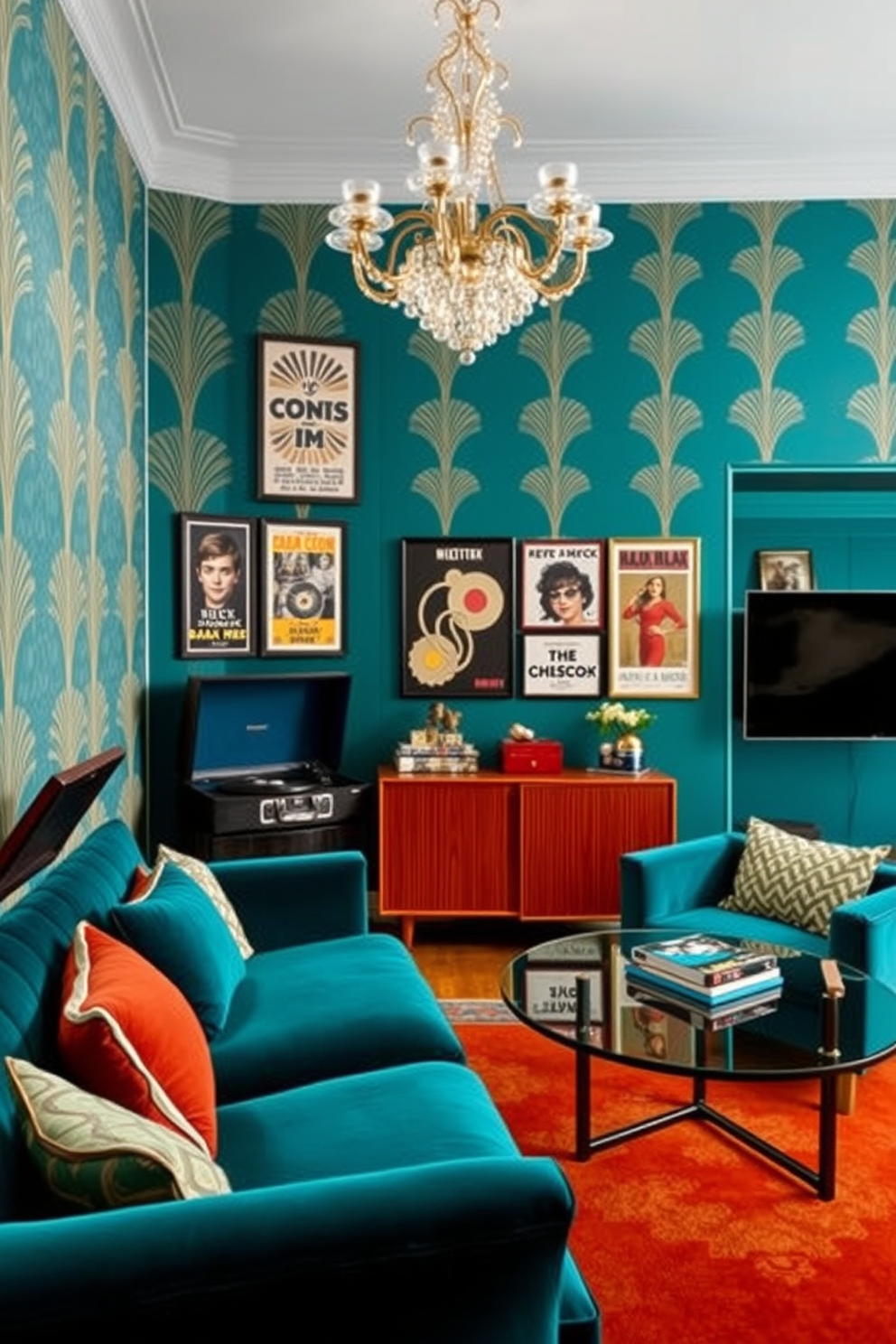 A retro apartment design featuring bold colors and geometric patterns. The living area showcases a plush velvet sofa in deep teal paired with a round glass coffee table and a vintage record player in the corner. The walls are adorned with art deco-inspired wallpaper featuring gold accents. A statement chandelier hangs from the ceiling, casting a warm glow over the space, while a gallery wall displays framed retro posters.