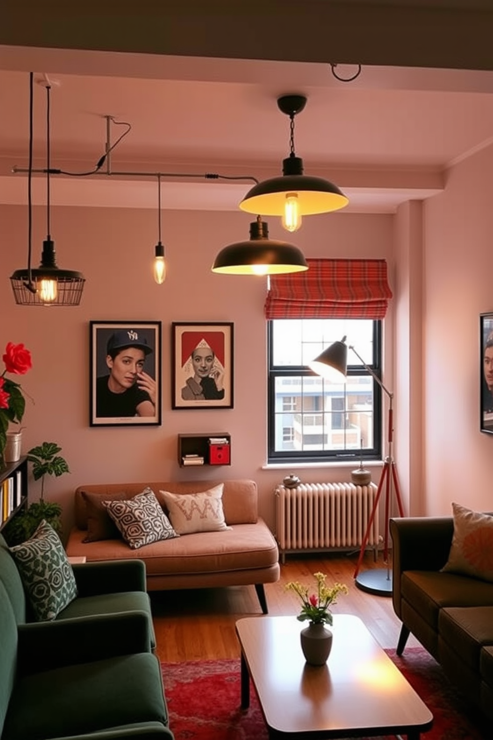 A cozy retro apartment features vintage-inspired curtains with bold prints that add a splash of color to the room. The curtains frame large windows that allow natural light to flood in, enhancing the warmth of the space. The living area showcases a mix of eclectic furniture pieces, including a mid-century modern sofa and a vintage coffee table. Brightly colored throw pillows complement the bold prints of the curtains, tying the room together beautifully.