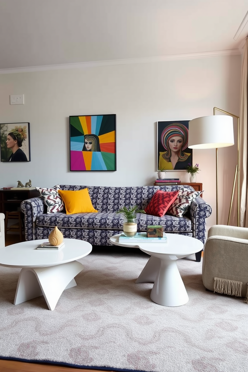 A vibrant living room adorned with retro wall art showcasing iconic pop culture figures. The walls are painted in a warm cream color, and eclectic furniture pieces create a cozy yet stylish atmosphere. In one corner, a vintage record player sits atop a colorful side table, surrounded by vinyl records. A plush sofa in a bold pattern invites relaxation while accent pillows add pops of color and personality.