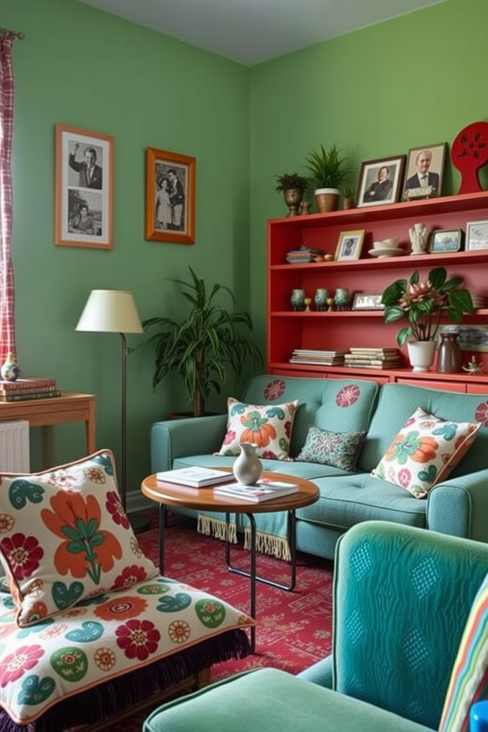 Create a cozy retro apartment living room featuring playful prints on cushions and throws. Incorporate a vibrant color palette with vintage furniture pieces and eclectic decor to enhance the playful atmosphere.