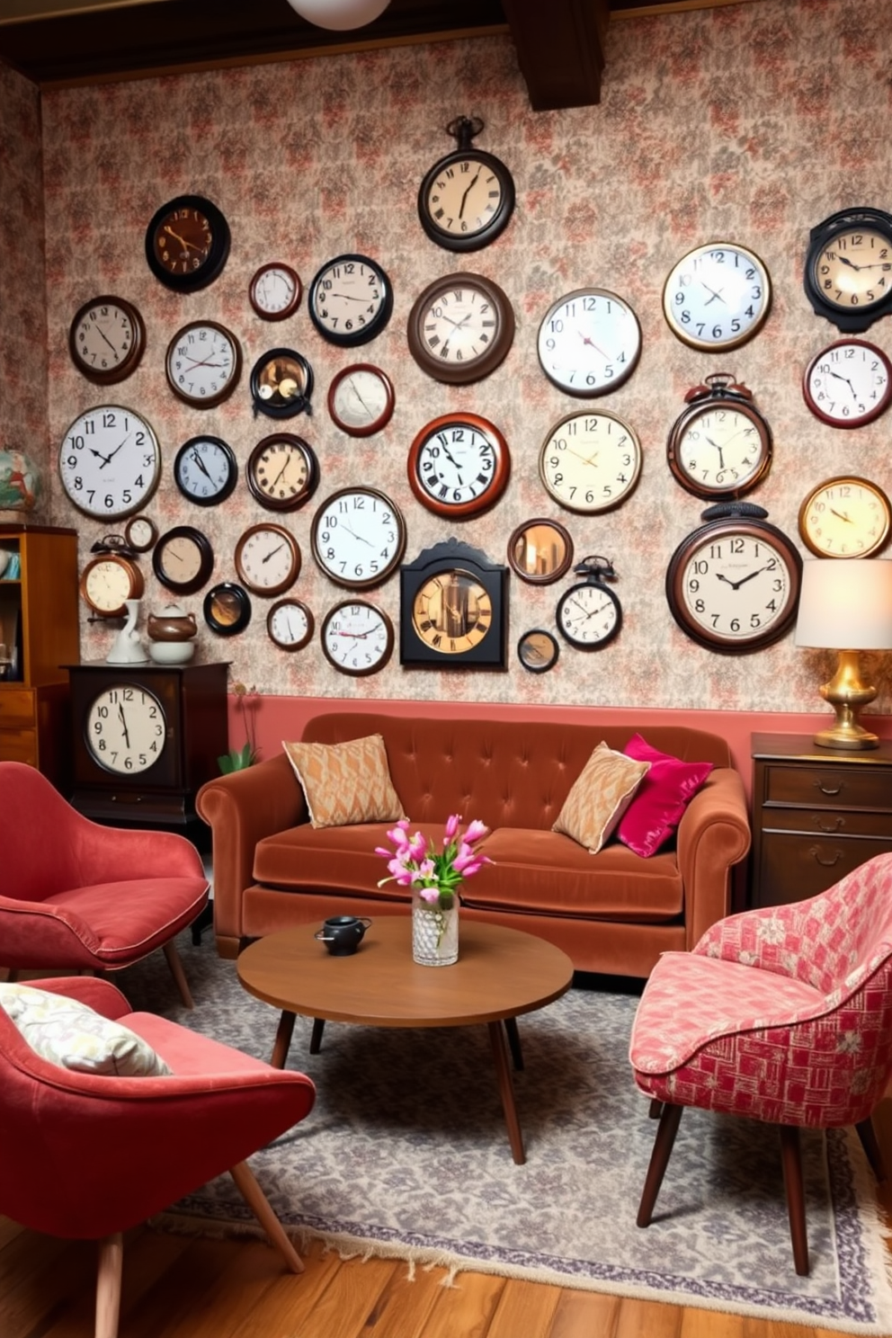 A cozy retro apartment filled with vintage-inspired clocks that serve as unique conversation starters. The walls are adorned with an eclectic mix of patterned wallpaper and warm, inviting colors that reflect a nostalgic charm. The living area features a plush velvet sofa paired with a mid-century coffee table, surrounded by quirky accent chairs. Each clock on the wall tells a different story, showcasing various styles from ornate to minimalist, creating a captivating focal point.