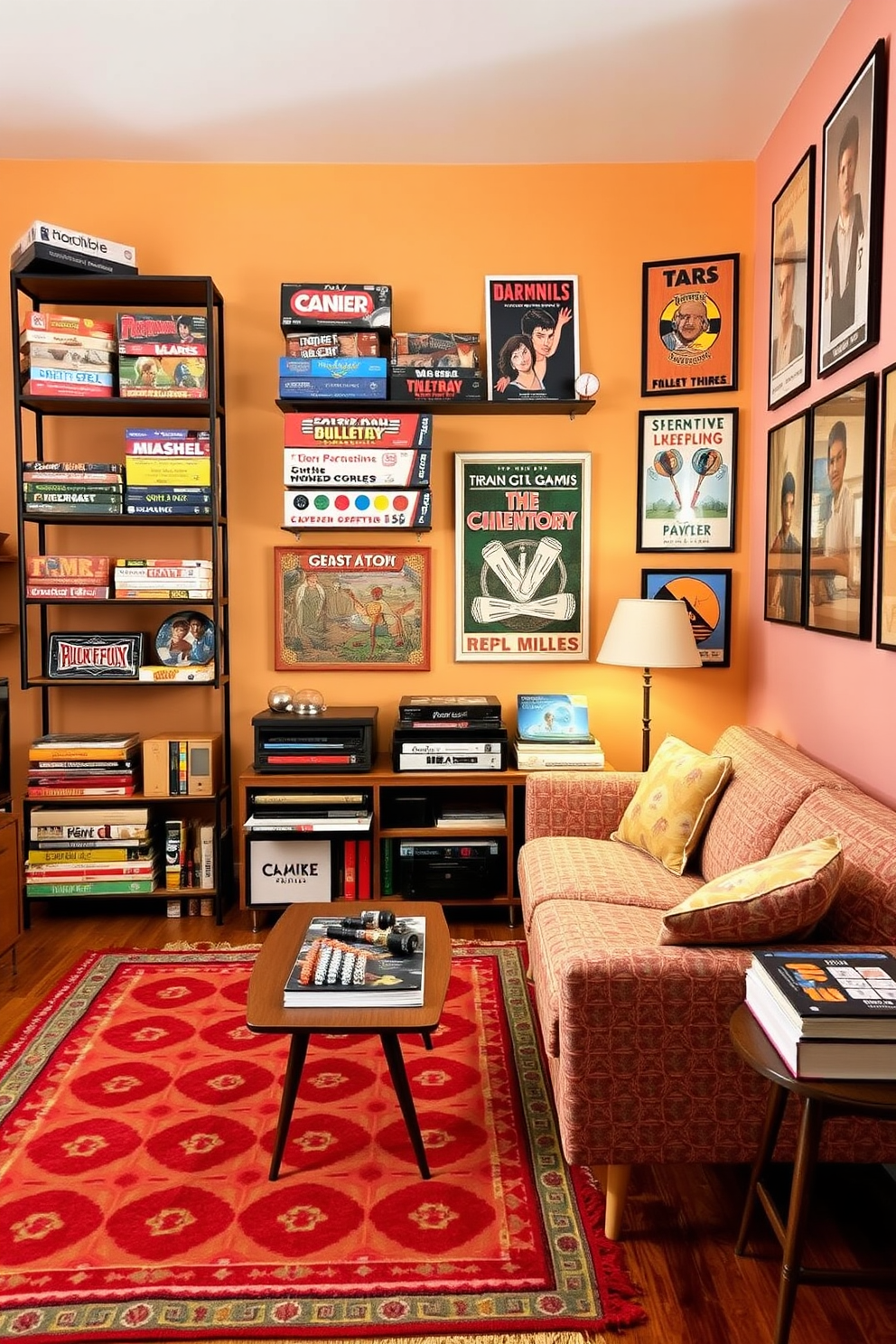 A cozy retro apartment filled with nostalgic board games displayed as decor. The walls are painted in warm pastel colors, and vintage shelving units showcase classic game boxes and pieces. The living area features a plush, patterned sofa paired with a mid-century coffee table. A colorful rug anchors the space, while framed retro game posters adorn the walls.