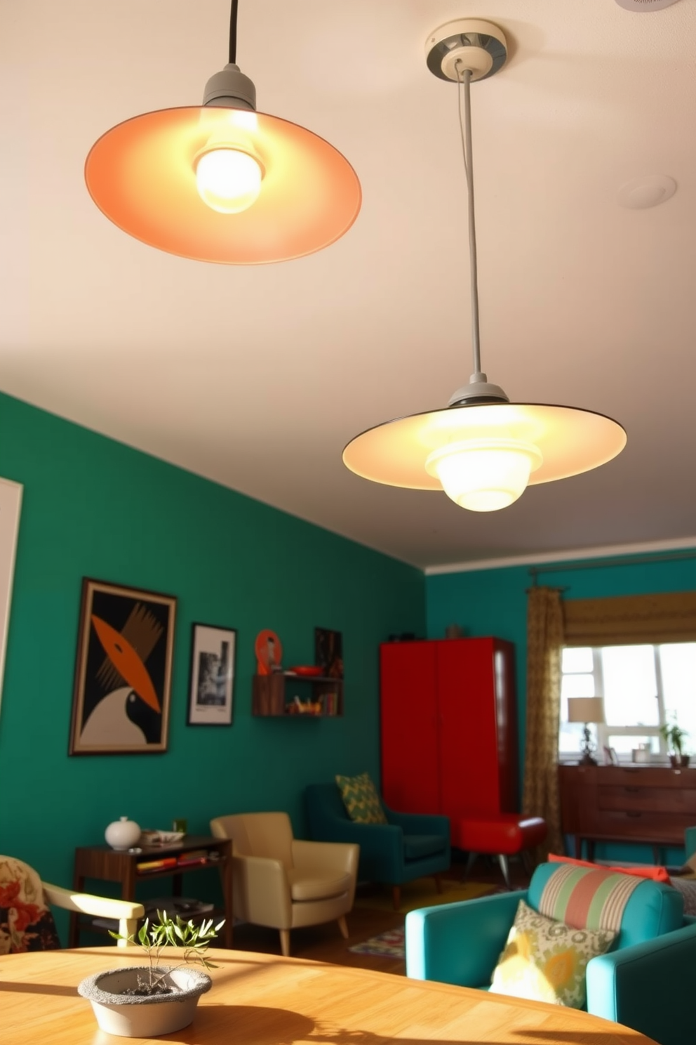 A stylish retro apartment featuring mid-century modern lighting fixtures. The space includes a large pendant light with an intricate geometric design hanging over a cozy seating area. Walls are adorned with vintage art, and a sleek wooden coffee table sits on a vibrant area rug. The overall color palette combines warm earth tones with pops of teal and mustard yellow.