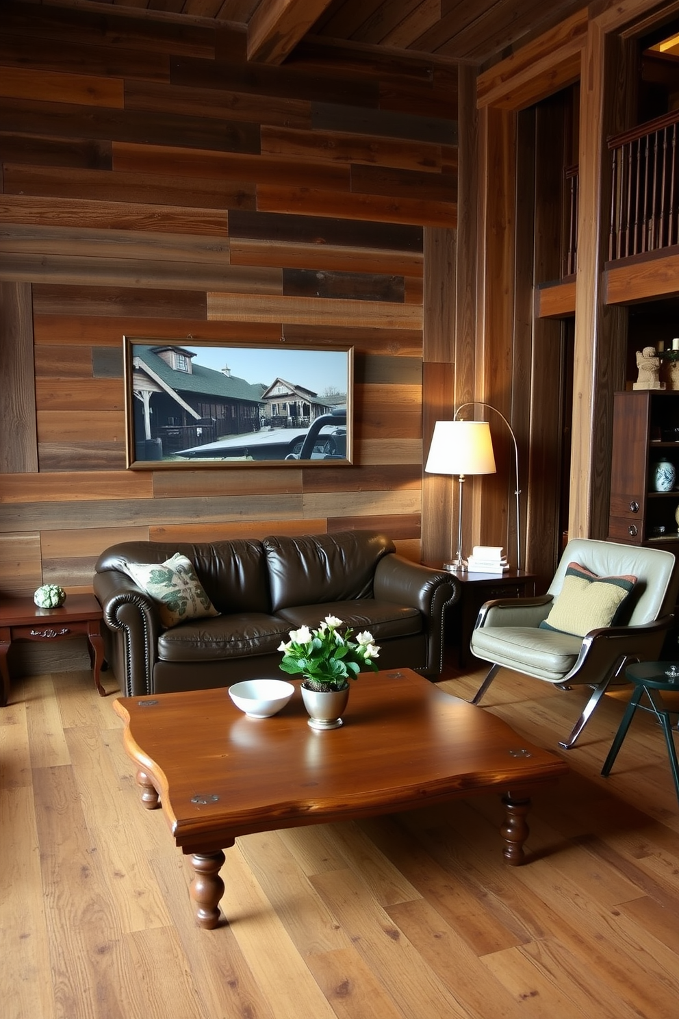 A cozy living room featuring rustic wood accents that create a warm and inviting atmosphere. The walls are adorned with reclaimed wood paneling, and a large wooden coffee table sits at the center of the room. Vintage furniture pieces are arranged thoughtfully, including a plush leather sofa and a retro armchair. Soft, ambient lighting from a stylish floor lamp enhances the room's charm and comfort.