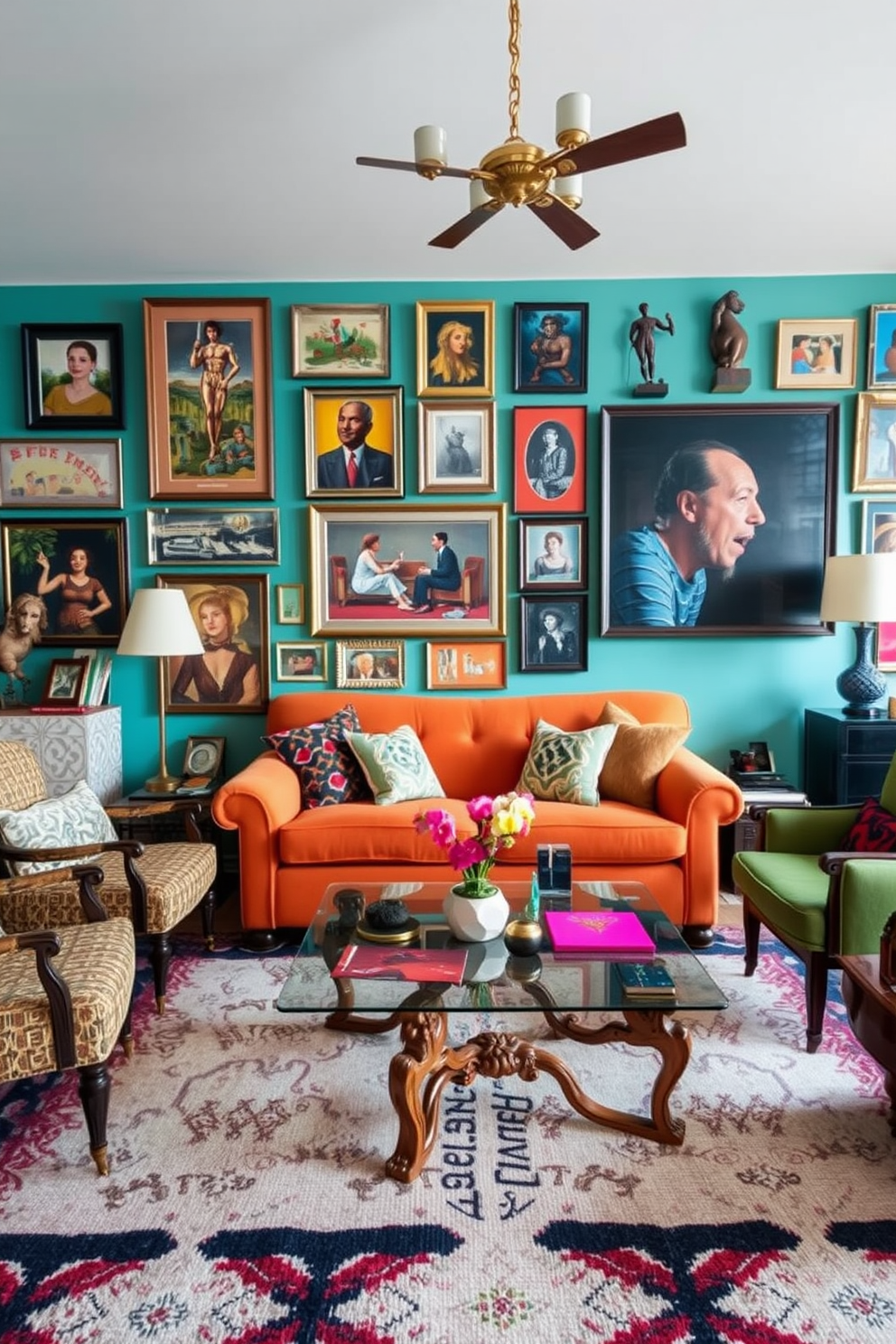 An eclectic mix of art and decor pieces fills the living room of a retro apartment. Bold colors and patterns clash harmoniously on the walls, showcasing an array of vintage paintings and modern sculptures. A plush, oversized sofa in a vibrant hue sits at the center, surrounded by mismatched armchairs that invite comfort and conversation. The coffee table is a unique blend of materials, featuring a glass top supported by ornate wooden legs, while quirky decor items add personality to the space.