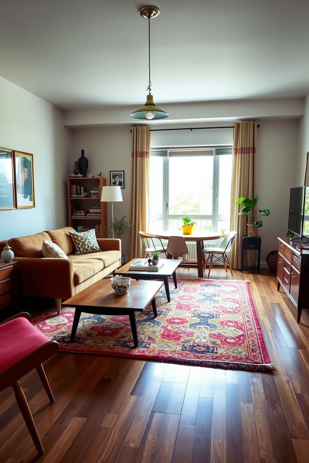 A cozy retro apartment featuring vintage area rugs that add warmth to the space. The living room showcases a vibrant patterned rug under a mid-century modern coffee table surrounded by colorful upholstered chairs. The dining area includes a classic wooden table set atop a richly textured area rug that complements the retro decor. Soft lighting from vintage pendant lamps enhances the inviting atmosphere of the apartment.