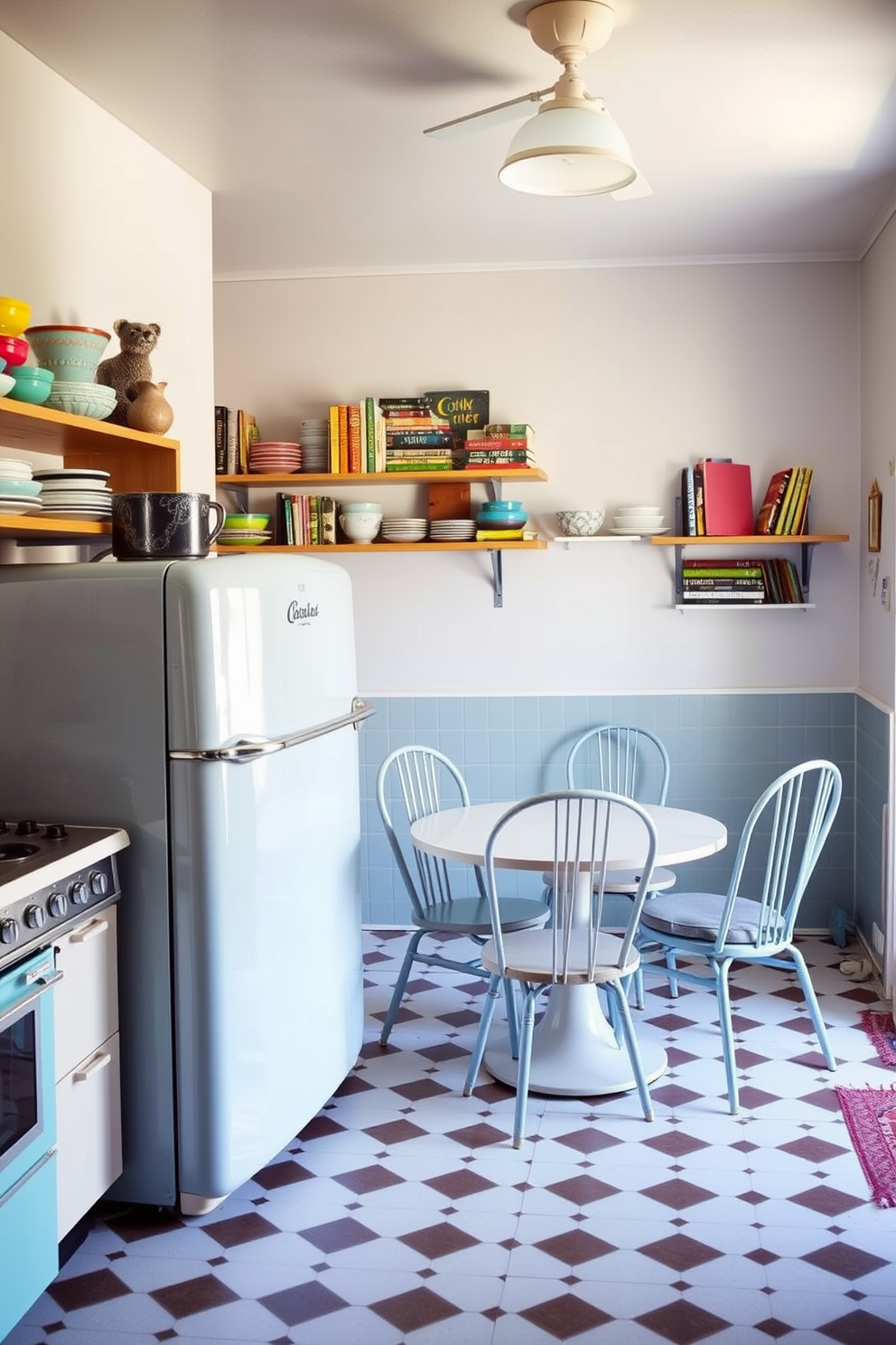 A retro-inspired kitchen featuring classic appliances in pastel colors. The space includes a vintage-style refrigerator, a retro stove, and a checkerboard floor that enhances the nostalgic feel. The walls are adorned with open shelving displaying colorful dishware and vintage cookbooks. A cozy breakfast nook with a round table and mismatched chairs completes the inviting atmosphere.