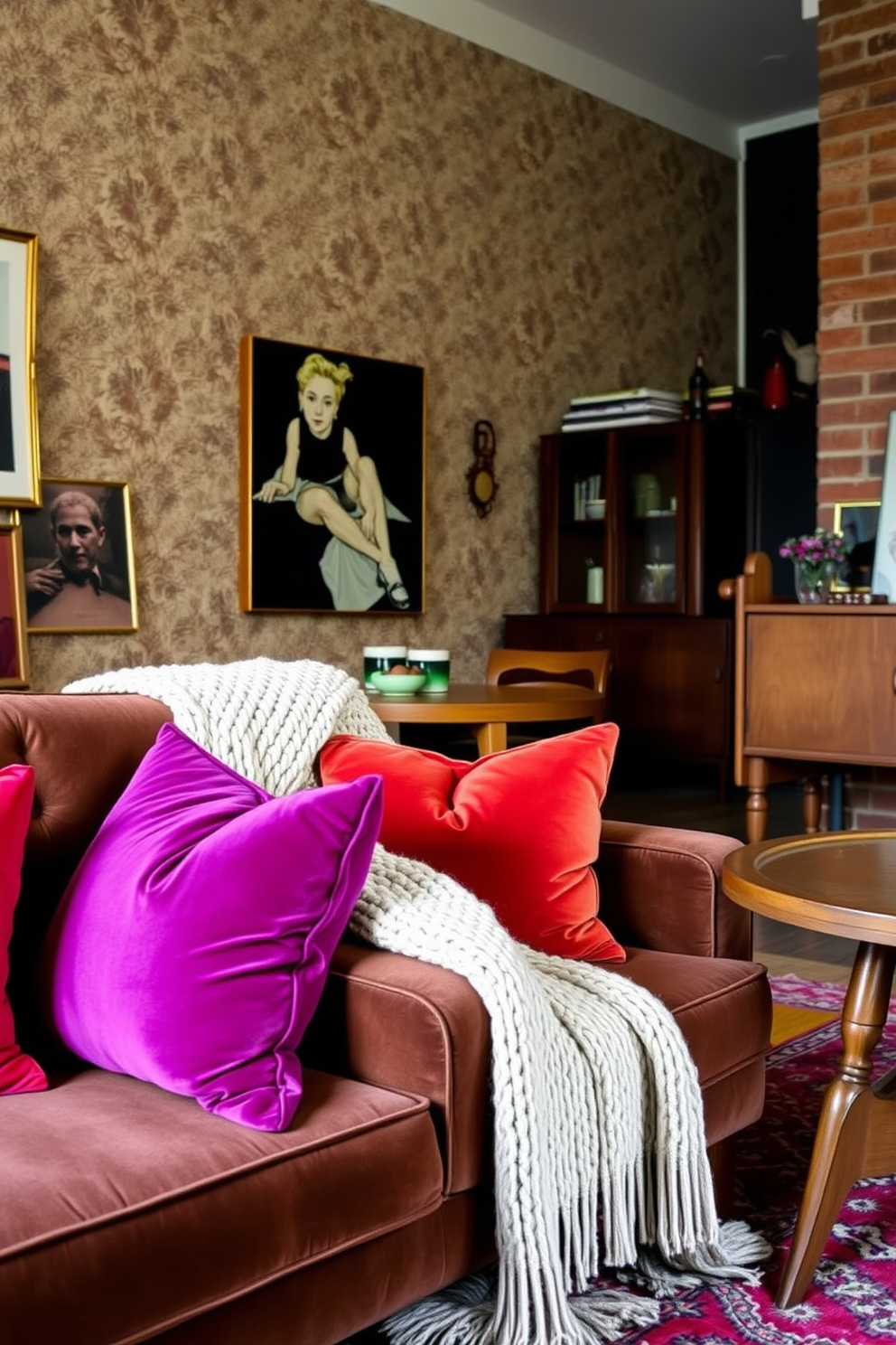 A retro apartment filled with layered textures creates a cozy atmosphere. Soft velvet cushions in vibrant colors adorn a mid-century modern sofa, while a chunky knit throw drapes casually over the armrest. The walls feature a mix of patterned wallpaper and exposed brick, adding depth to the space. Vintage wooden furniture pieces, like a round dining table and a sideboard, complement the eclectic decor style.