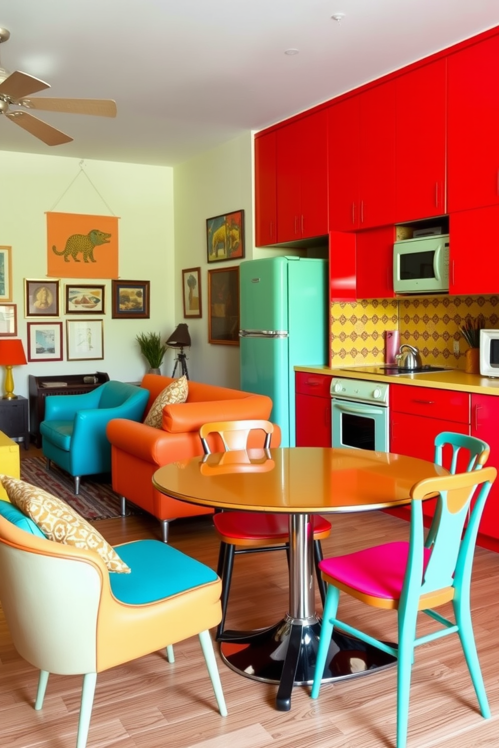 A retro apartment filled with bright accent colors creates a playful and inviting atmosphere. The living room features a vibrant orange sofa paired with teal armchairs and a yellow coffee table, surrounded by eclectic artwork on the walls. In the kitchen, bold red cabinets contrast with a playful patterned backsplash and retro appliances in mint green. The dining area showcases a round table with mismatched chairs in various bright hues, adding to the cheerful ambiance.