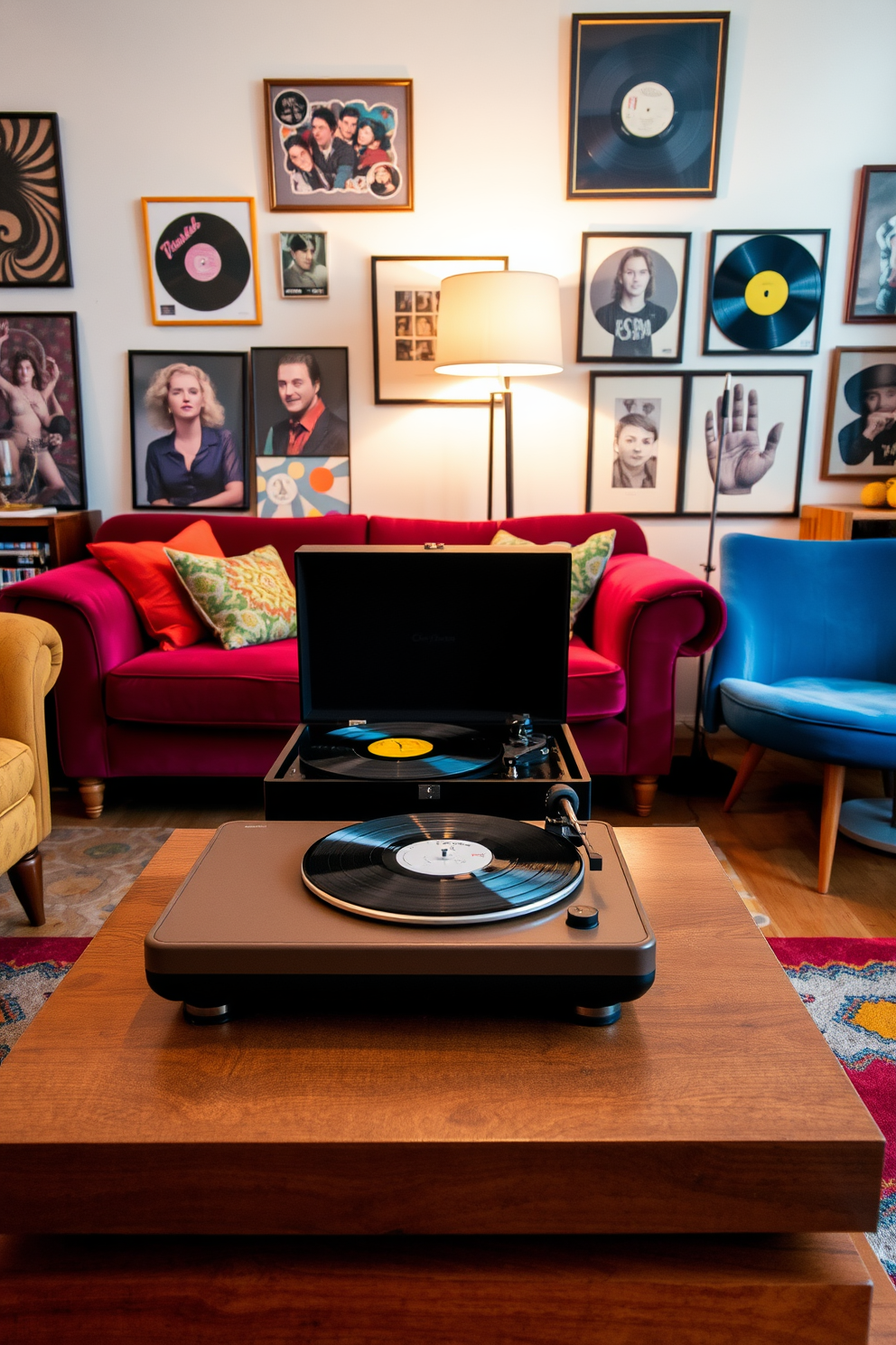 A vintage record player takes center stage in a stylish retro apartment. Surrounding it are colorful furniture pieces, including a plush velvet sofa and a mid-century coffee table, creating a cozy and inviting atmosphere. The walls are adorned with eclectic art and framed vinyl records, enhancing the nostalgic vibe. Warm lighting from a sleek floor lamp casts a soft glow, highlighting the rich textures and vibrant colors of the decor.