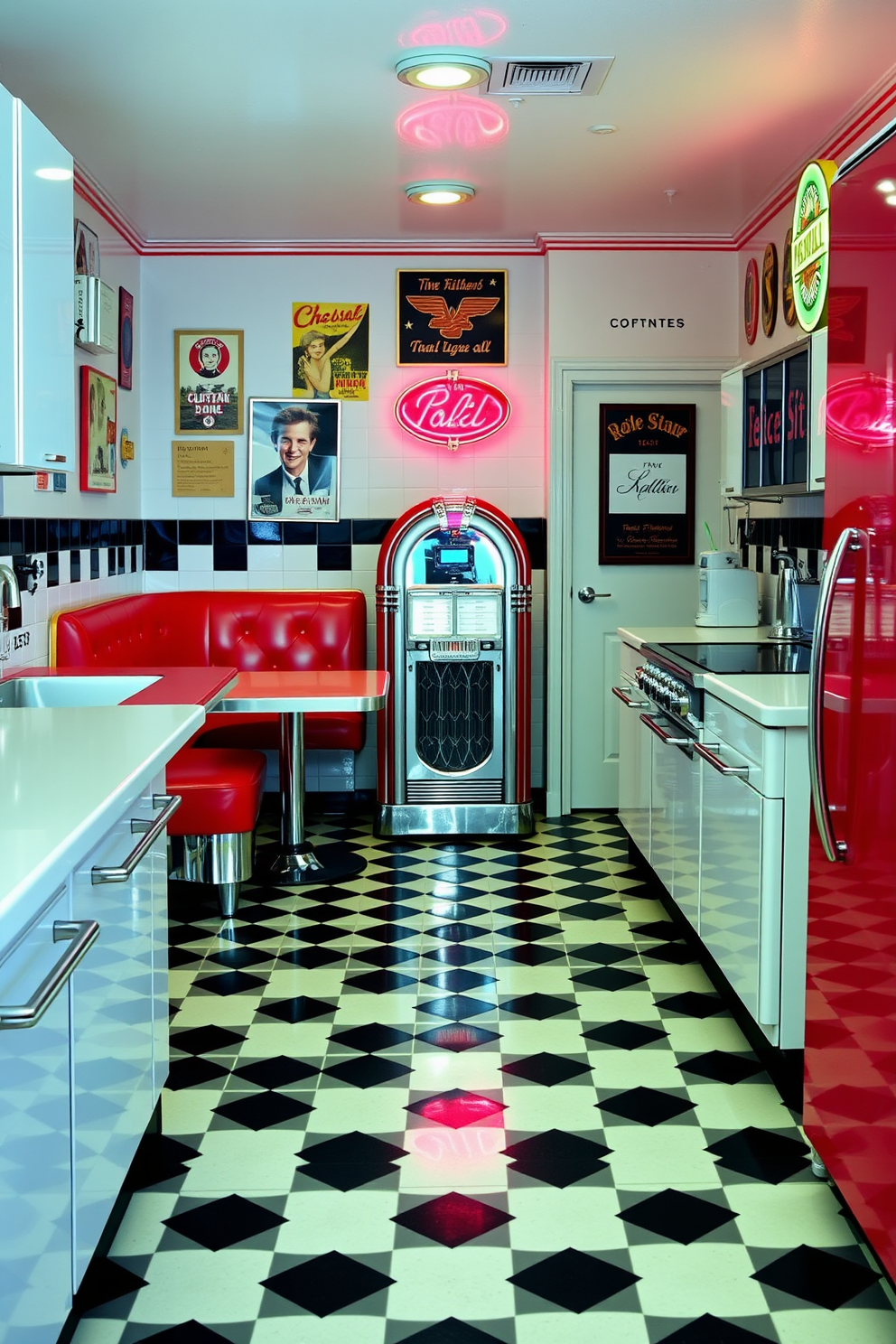 A vintage diner style kitchen featuring classic checkerboard floors in black and white. The space includes a bright red booth with chrome accents and a retro jukebox in the corner. The countertops are made of glossy white laminate, complemented by pastel-colored appliances. Wall decor includes vintage posters and neon signs that enhance the nostalgic atmosphere.