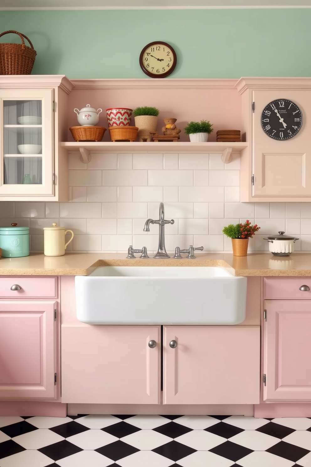 A retro kitchen featuring a rounded-edge fridge in soft pastel colors like mint green and pale pink. The cabinetry complements the fridge with vintage-style knobs and a checkerboard floor in black and white.